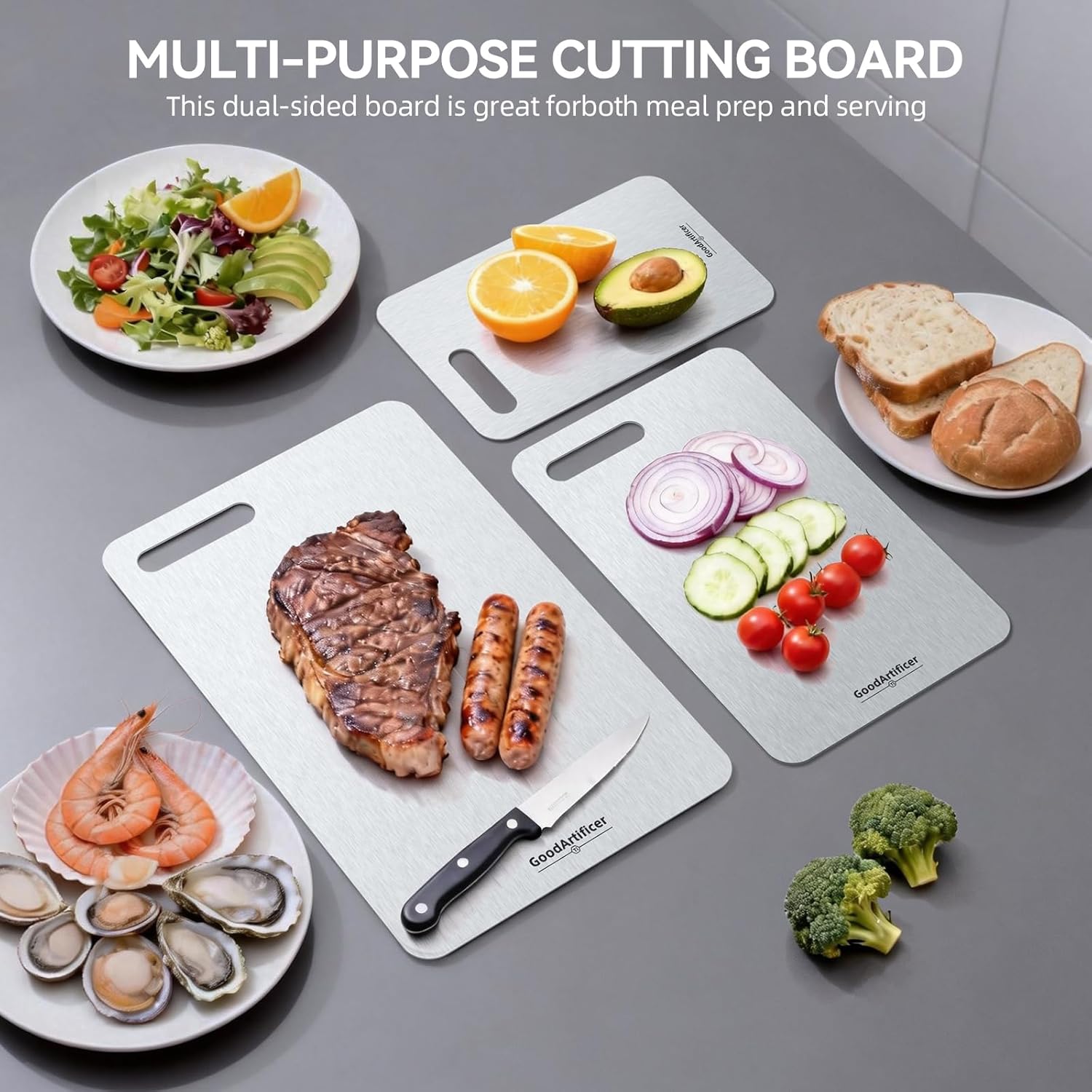 Titanium Cutting Boards Set of 3, 100% Pure Titanium Kitchen Cutting Board, Double-Sided Non-Toxic Cutting Board, Ideal for Slicing and Dicing Meats, Features Handle, Dishwasher Safe - Image 7