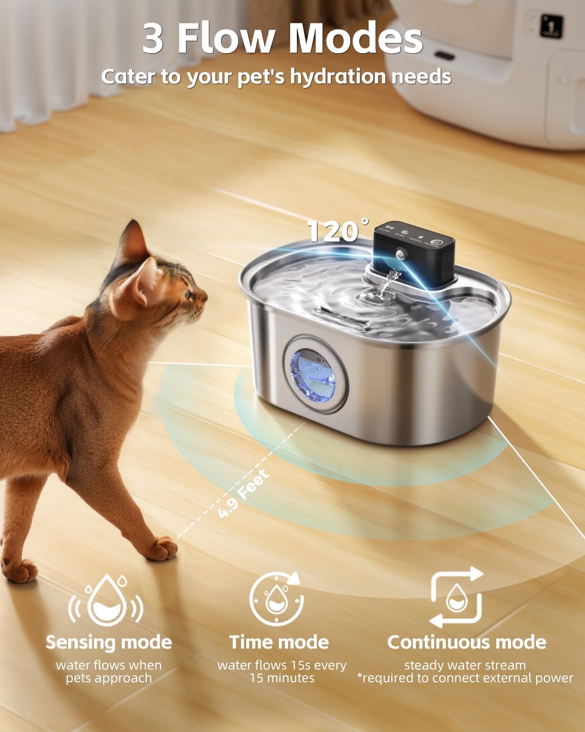 Cat Water Fountain Wireless - Stainless Steel 3.2L/108oz Cordless Pet Fountain - Battery Operated Automatic Water Dispenser for Cats Indoor, with Motion Sensor & Quiet Pump - Image 3