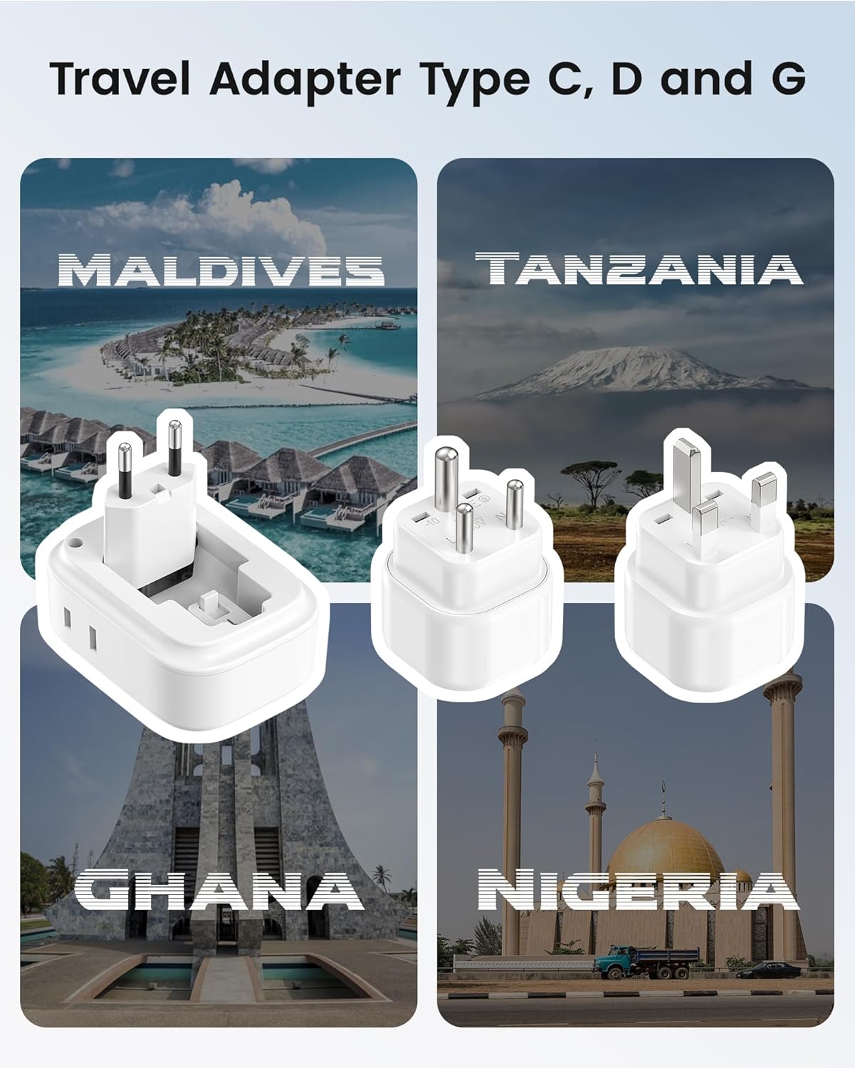 LENCENT Type C and Type D G Universal Travel Adapter Kit, International Power Plug Adapter for Europe UK Maldives Italy Ireland Scotland Dubai Singapore India Sri Lanka Tanzania Zanzibar Kuwait Nepal - Image 4