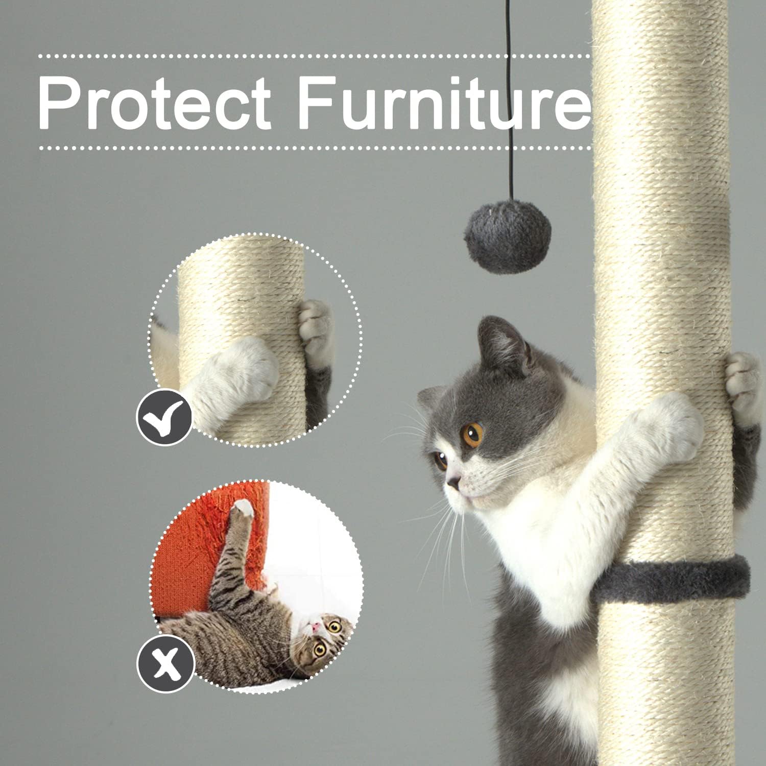 PEEKAB 32" Tall Cat Scratching Post Sisal Scratch Posts,with Hanging Ball and Self-Massage Brush Vertical Scratcher for Indoor Cats and Kittens Gray 32inches - Image 3