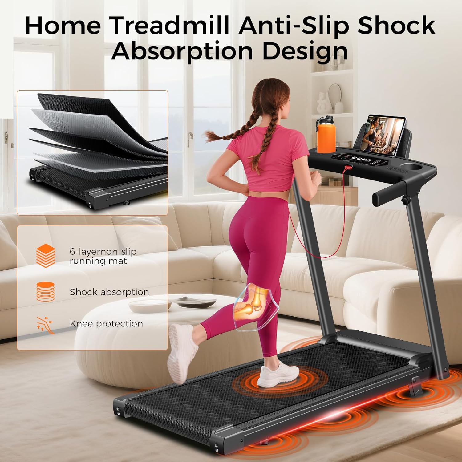 Treadmill with Incline,3.0HP Small Treadmills for Home,Portable Electric Treadmill with Handles,Lightweight Walking Pad,Compact Running Treadmills,Walking Pad with Handle,300LBS Capacity - Image 6