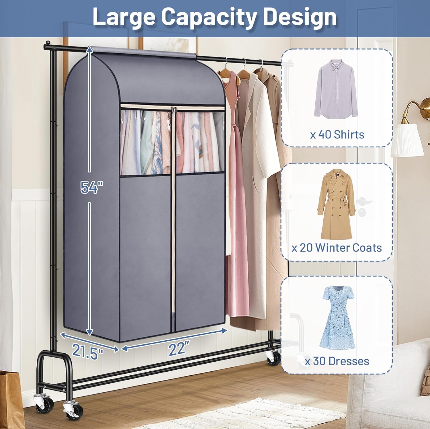 SLEEPING LAMB 54'' Hanging Garment Bags for Closet Storage Sealed Completely Jackets Coats Suits Clothes Rack Cover for Wardrobe with Clear PVC Window, 2 Packs, Grey(Hanging Rod Not Included) - Image 5
