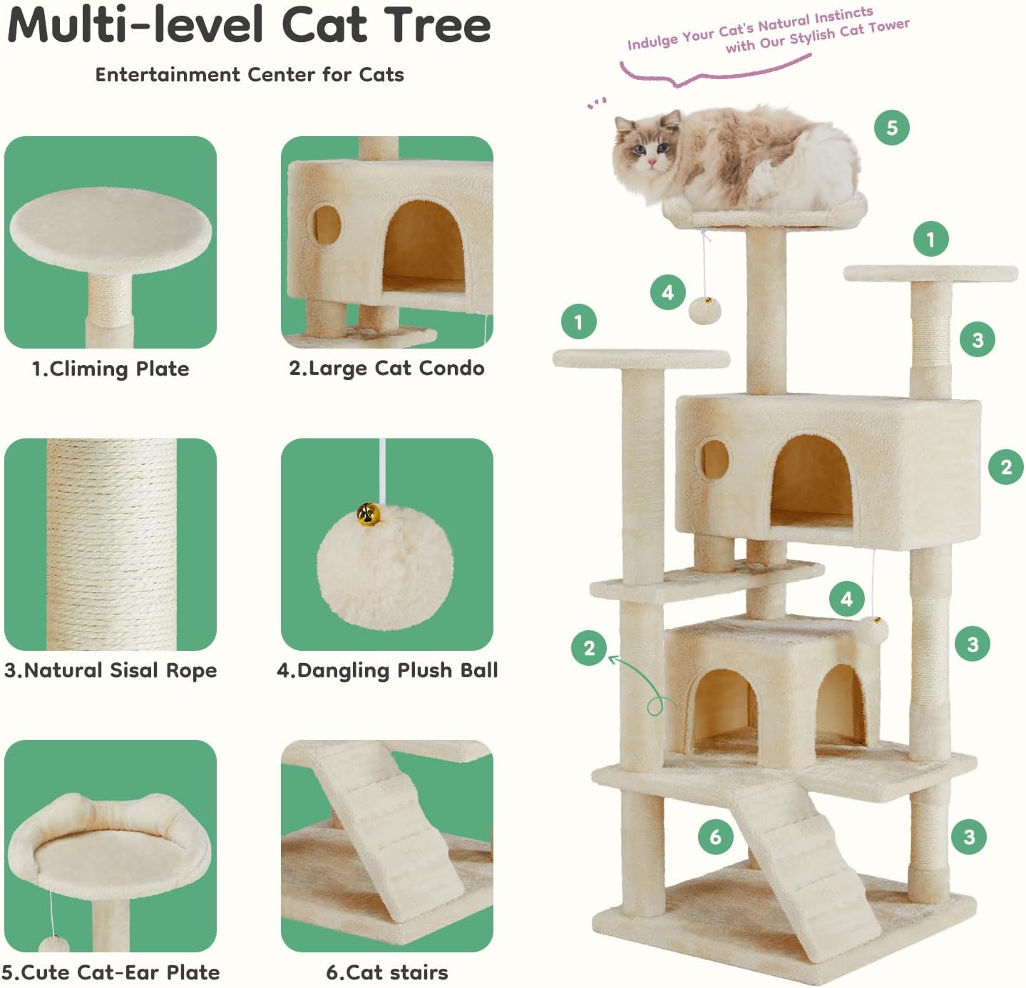 DUMOS 54-inch Indoor Cat Tree Tower –Multi-Level Pet House for Large Cats with 2 Condos, Scratching Posts, Round Platform, Small Ladder, and Toys, Beige - Image 3
