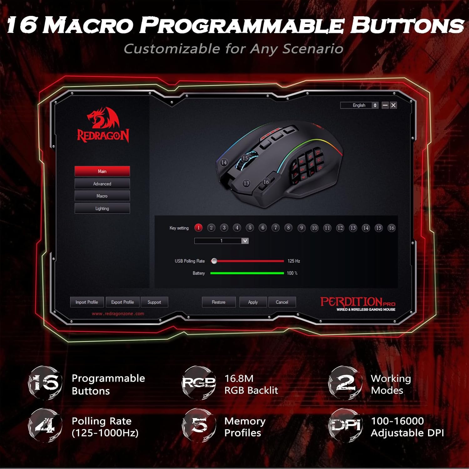 Redragon Wireless Gaming Mouse, MMO Gaming Mouse UP 16,000 DPI, 16 Macro Programmable Buttons, RGB Rechargeable with 12 Side Buttons, 70Hrs for PC Laptop MOBA FPS, M901P-KS - Image 3