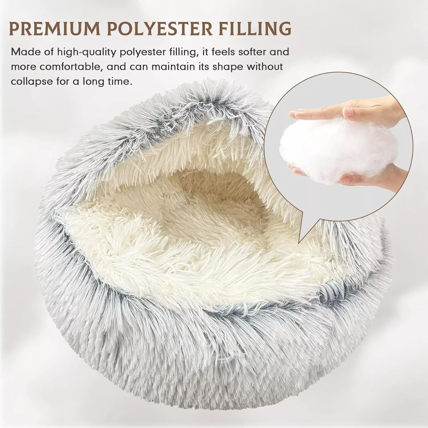Cat Bed Round Fluffy Hooded Cat Bed Cave, Anti-Anxiety Cave Bed with Hooded Blanket, Cozy Cuddler Luxury Puppy Pet Bed, Anti-Slip Bottom and Machine Washable (Grey, Medium) - Image 3