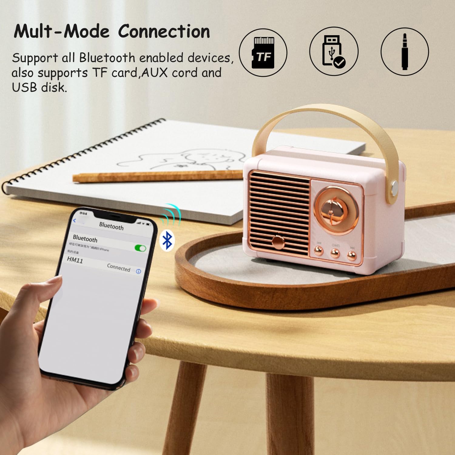 Retro Bluetooth Speaker, Portable Wireless Speaker with Crystal Clear Stereo Sound Rich Bass, Best Birthday Gifts Ideas for Women Teenage (Pink) - Image 2