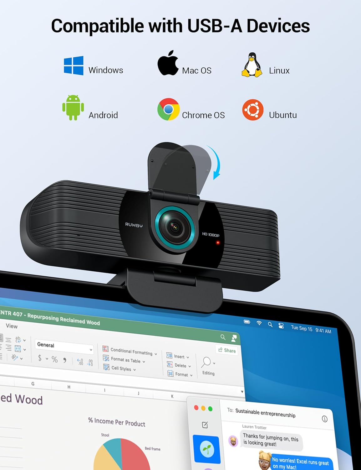 RUWBY Full HD 1080P Webcam with Built-in Dual Mics, Wide-Angle Lens, Privacy Cover, Tripod Stand, Autofocus Computer Camera, Plug and Play for Desktop PC or Laptop - Image 6