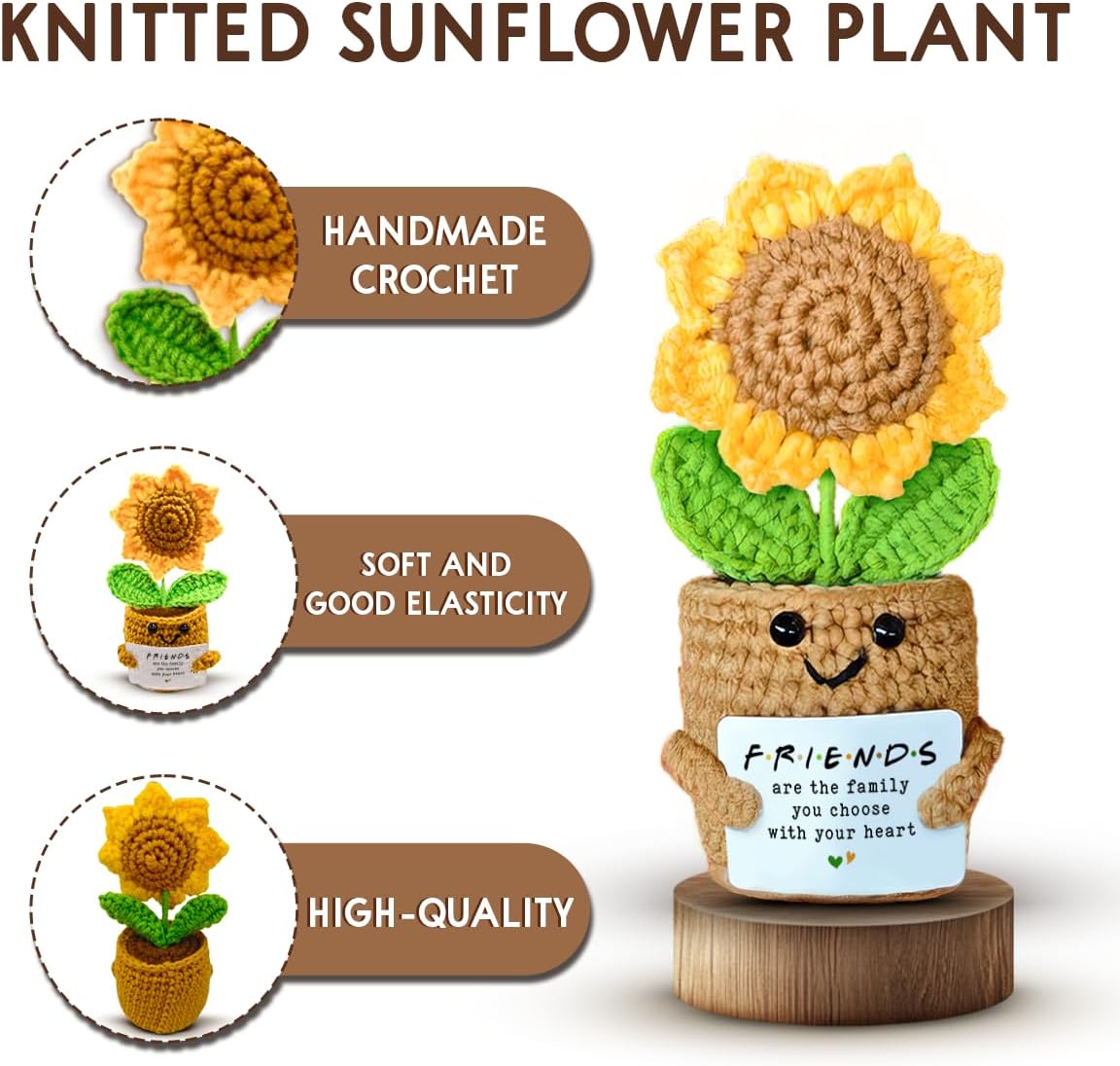 Mini Sunflower Crochet Gift with Card for Women Best Friend, Soul Sister, Long Distance Pal, Friends Are the Family You Choose, Cute Decor for Birthday, Christmas for Bestie, BFF, Coworker - Image 5