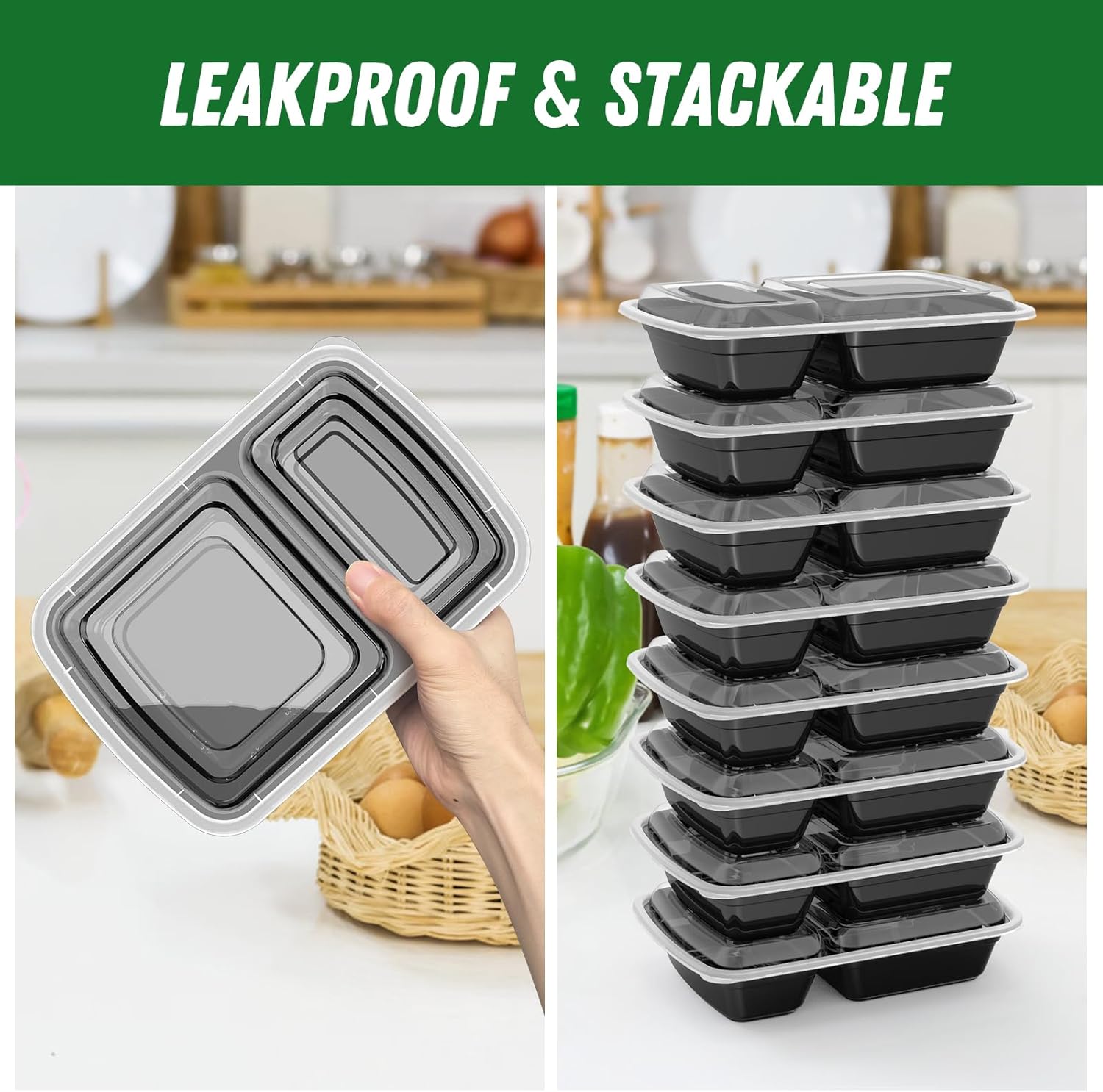 Dealusy 50 Pack (100-Piece) 28 oz Meal Prep Containers Reusable with Lids 2-Compartment, Sturdy Leakproof Food Safe, Microwave Freezer Dishwasher Safe, To Go Take Out Plastic Food Storage, Black - Image 4