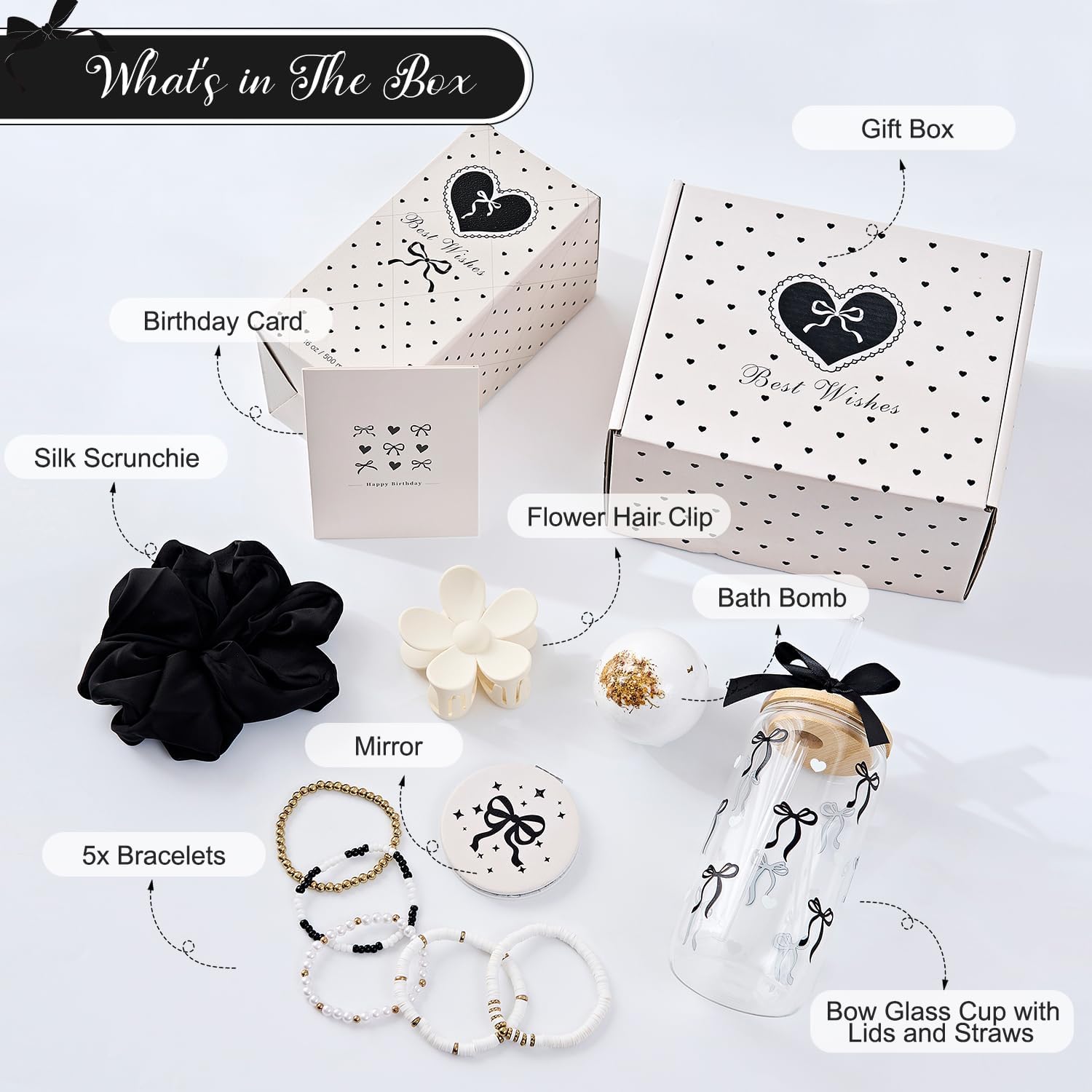 Birthday Gifts for Women Teen Girls, Coquette Black Bow Happy Birthday 7-in-1 Gift Box for Girl, Women, Sister, Daughter, Friends, Cute Black Bow Glass Cups Gift Set, Teen Girl Gifts Trendy Stuff - Image 2