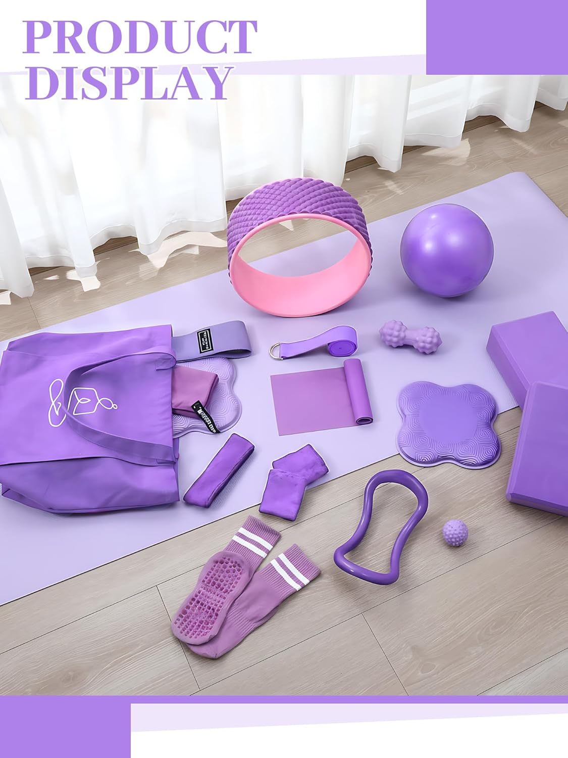 Gemscream 17 Pcs Yoga Essential Kit for Women, Pilates Equipment Starter Set for Beginners with Yoga Wheel Ball Blocks Strap Resistance Bands Wrist Rings Socks Towel & Carry Bag for Home Workouts - Image 6