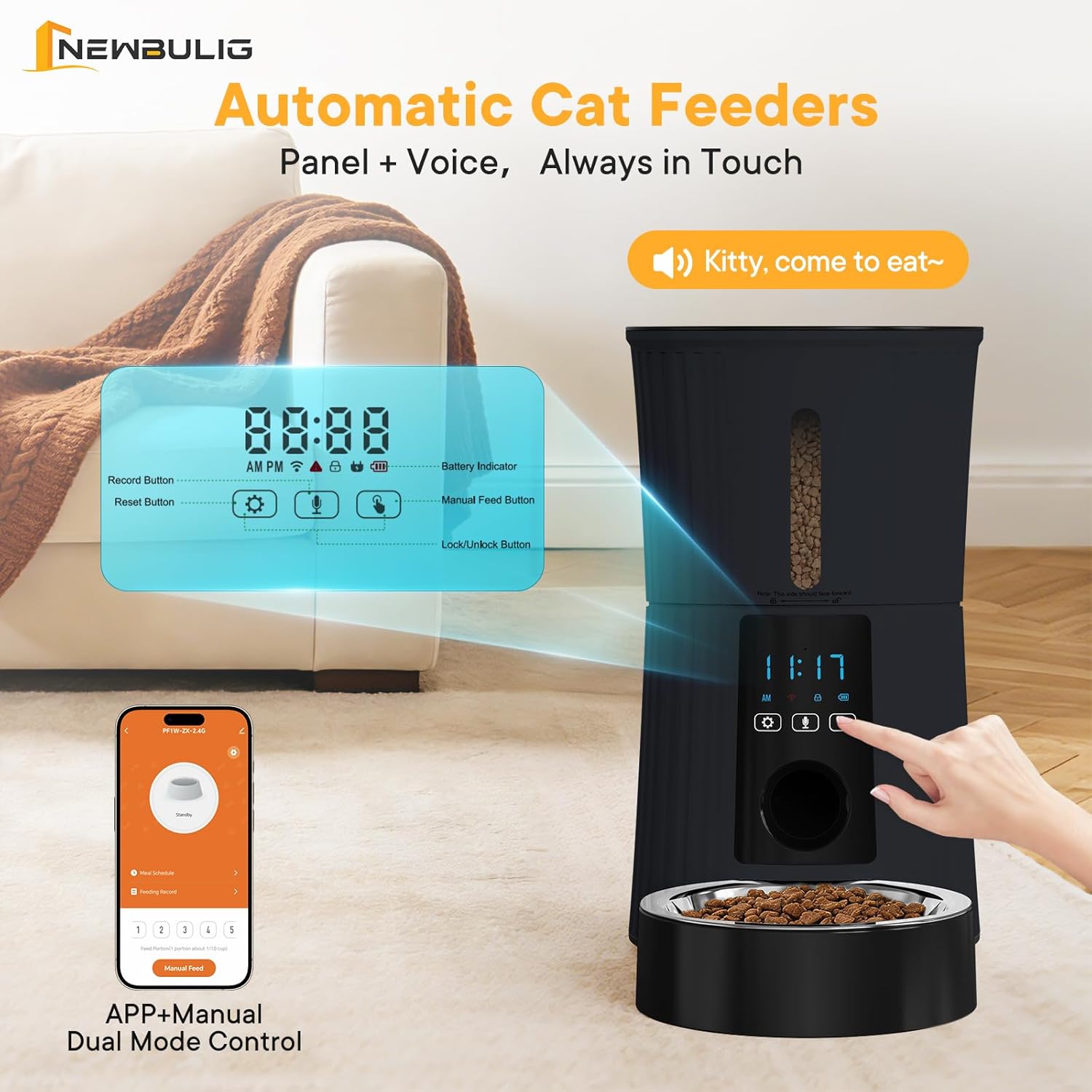 NEWBULIG Automatic Cat Feeder, 4L Timed Pet Feeders with 10s Voice Recorder, Dog Food Dispenser with APP Control, Dry Food, 10 Meals, Programmable 50 Portions, Dual Power Supply, Desiccant Bag - Image 7