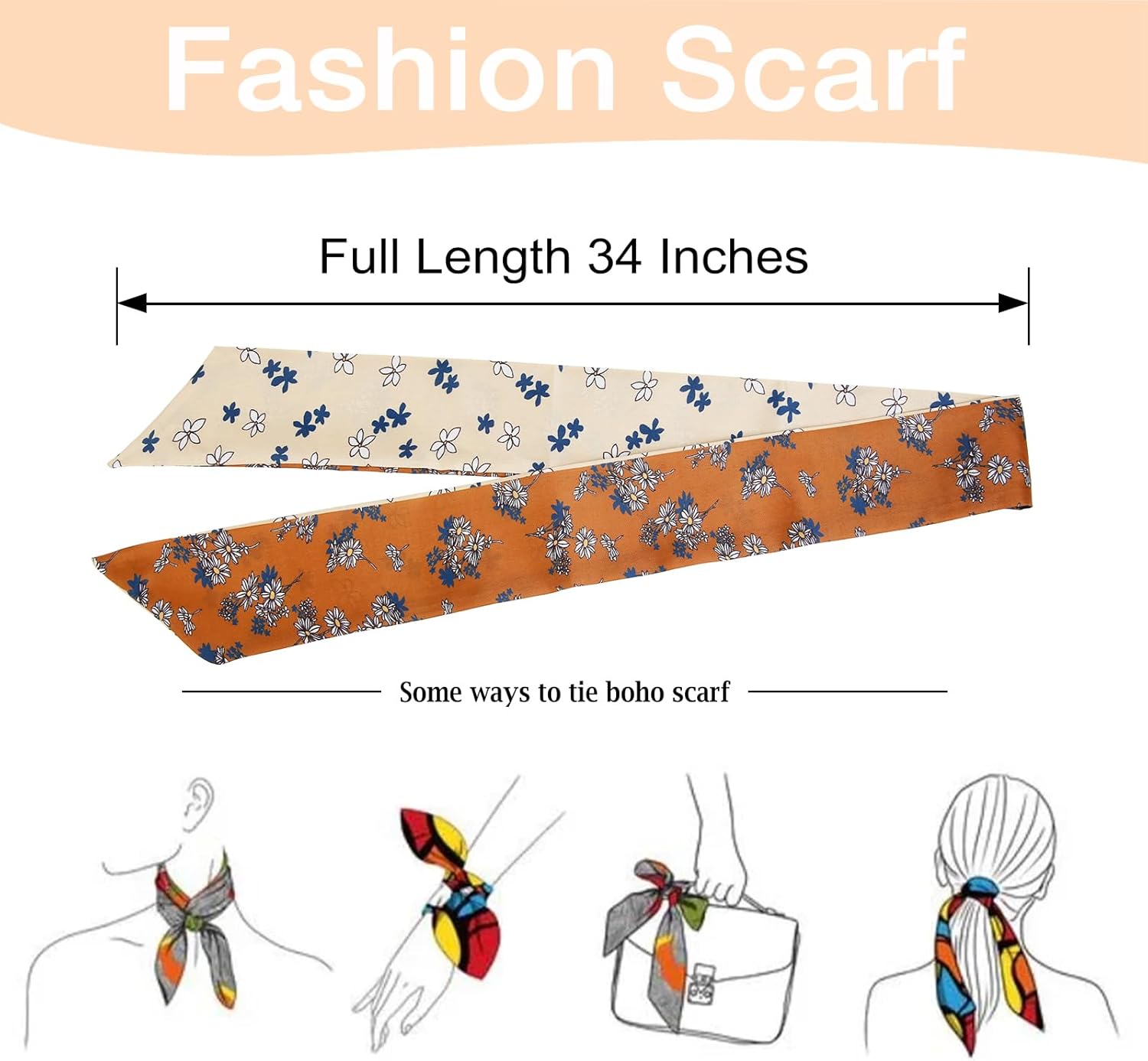 TEBIEKOY 4Pcs Fashion Scarves for Women, Multifunctional Boho Scarves Headbands Satin Scarf for Bag Hair Accessories - Image 6