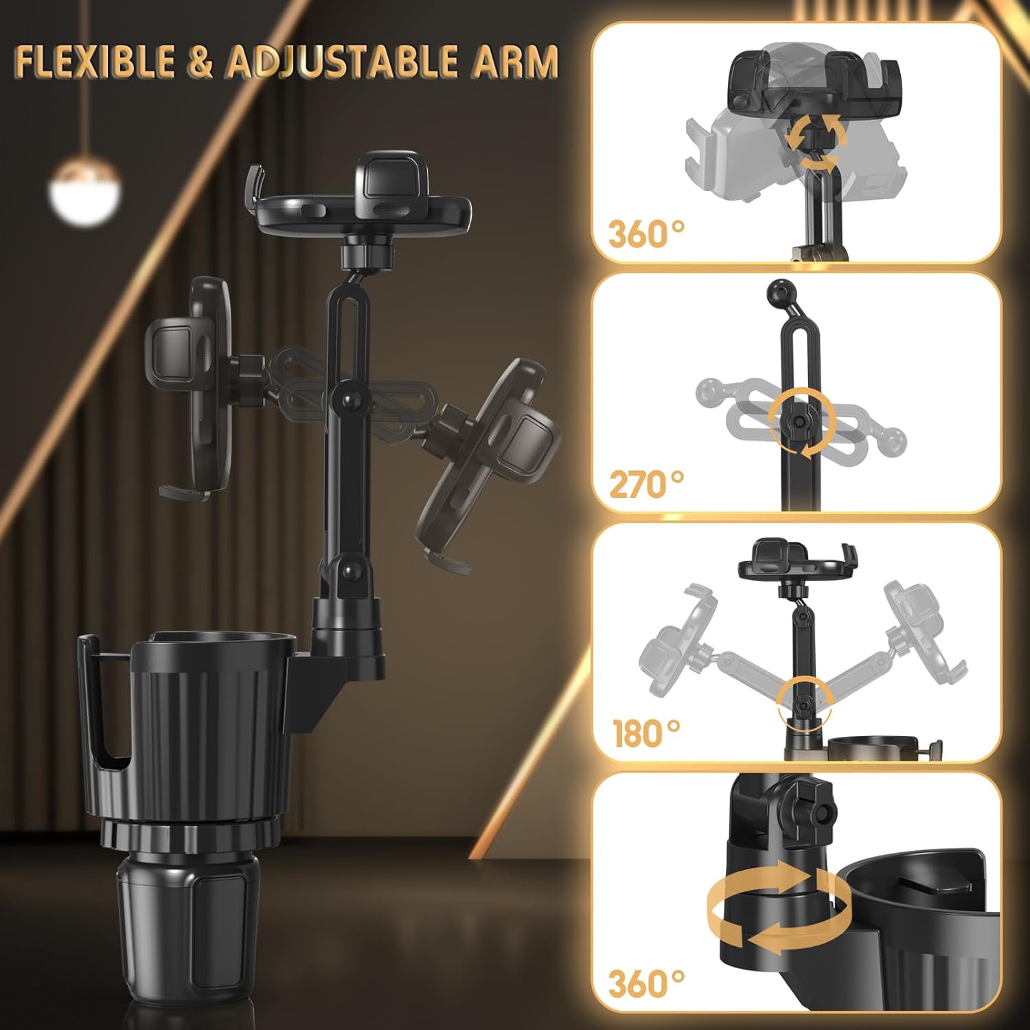 Phone Holders for Your Car, 2 in 1 Universal Cup Holder Expander Adjustable Base with Phone Mount, Long Arm with 360°Rotation Cup Holder Phones Mount for Car Compatible with All Smartphones - Image 5