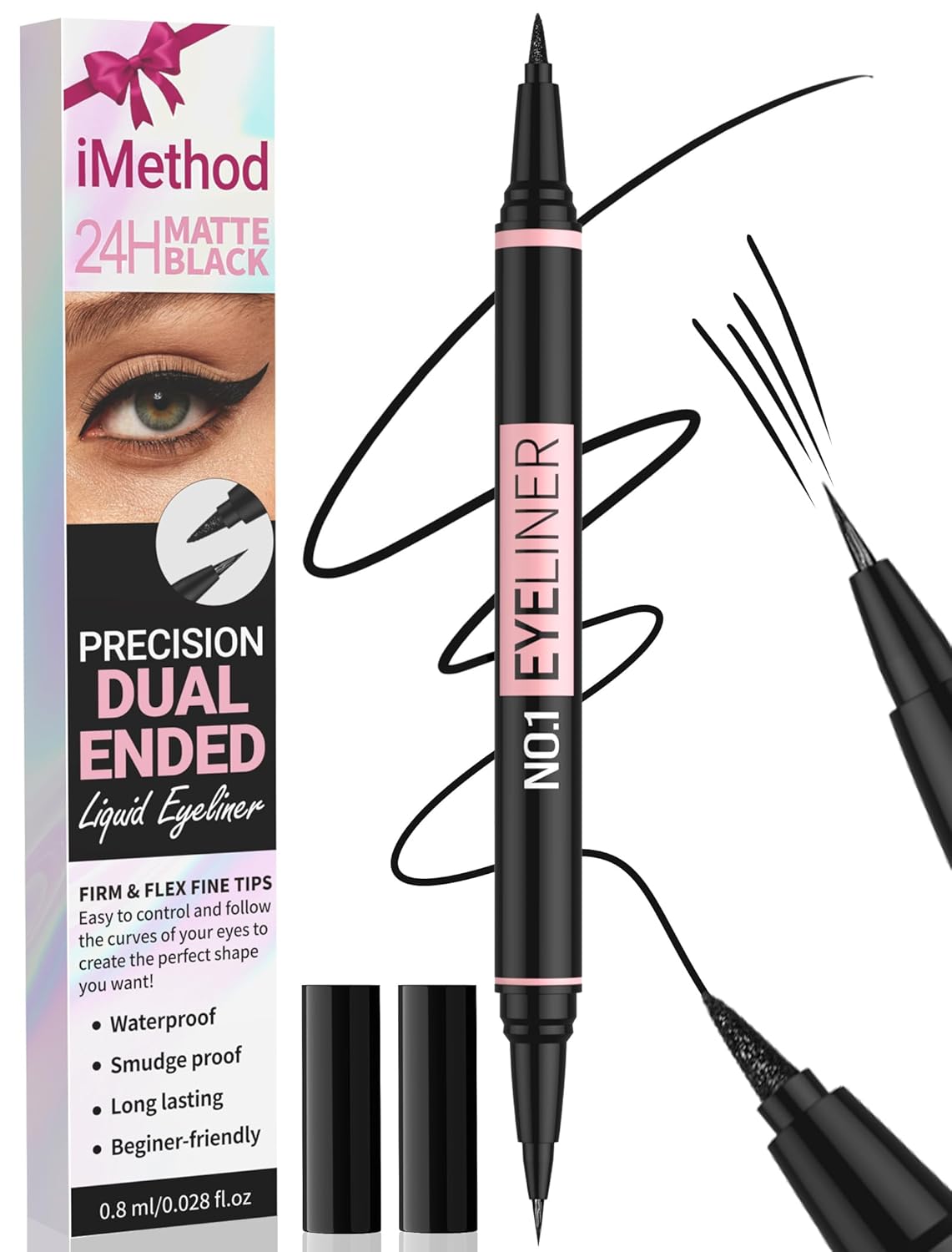 iMethod Liquid Eyeliner - Waterproof Eyeliner 2-in-1 Dual-Ended Eye Liner with Precise Brush-Tip and Thick Tip, Black Liquid Liner Pen, Matte Finish, Long Lasting, Smudge-proof, Transfer-proof, Black