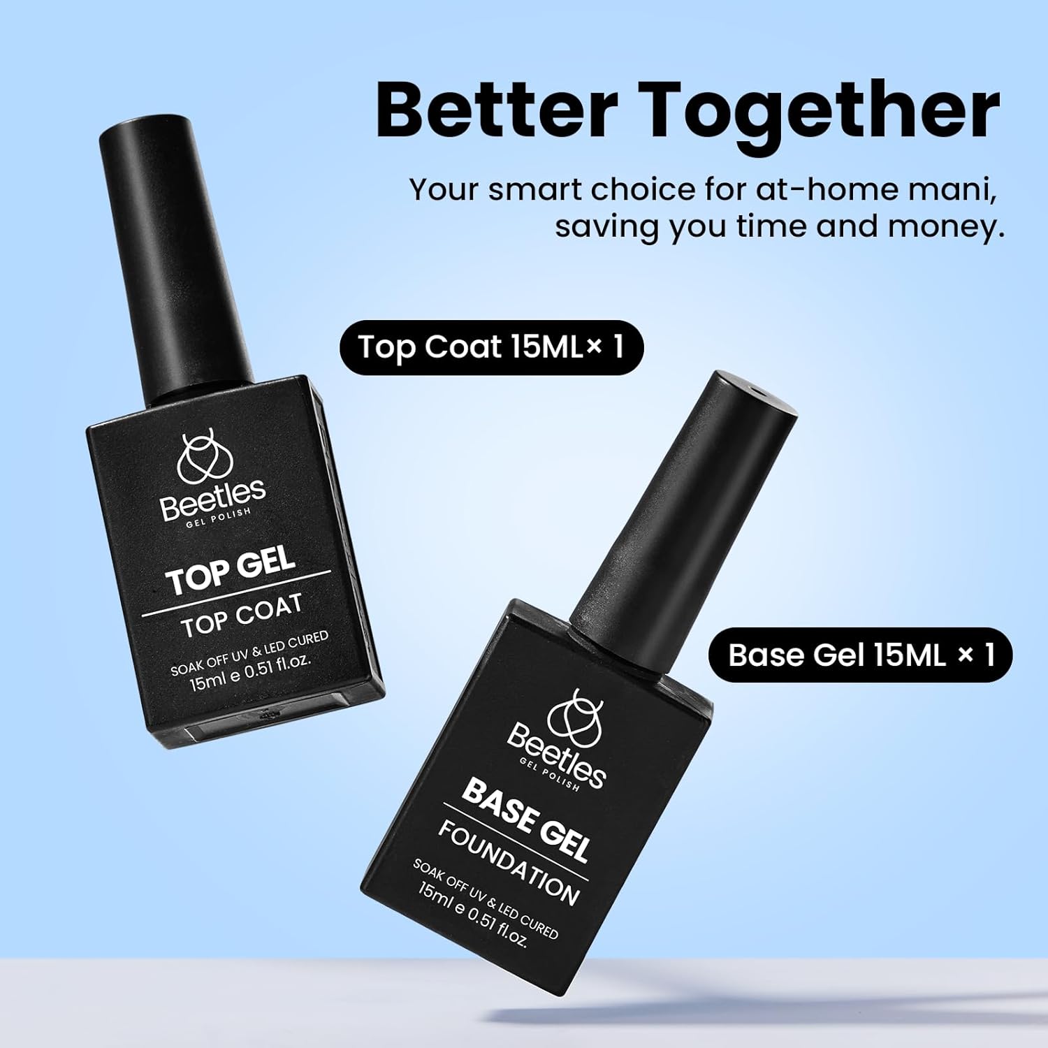Beetles No Wipe Gel Top Coat and Base Coat Set for Gel Nail Polish - 2Pcs 15ml Super Shiny and Long Lasting Soak Off UV/LED Lamp Nail Art Design Gift - Image 5