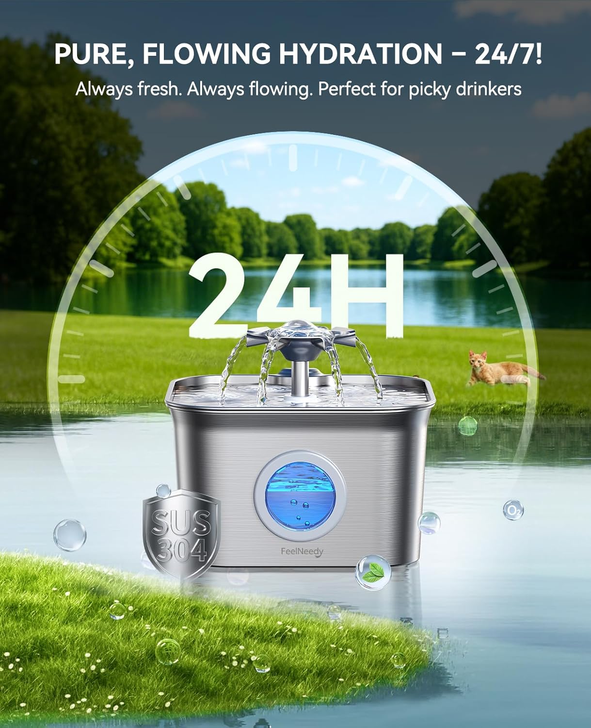 Stainless Steel Cat Water Fountain, 2.8L with 20dB Ultra-Quiet Pump- Ideal for Timid Pets, LED Water Level Window, Dishwasher Safe, 24/7 Circulation- Includes 3 Replacement Filters - Image 2