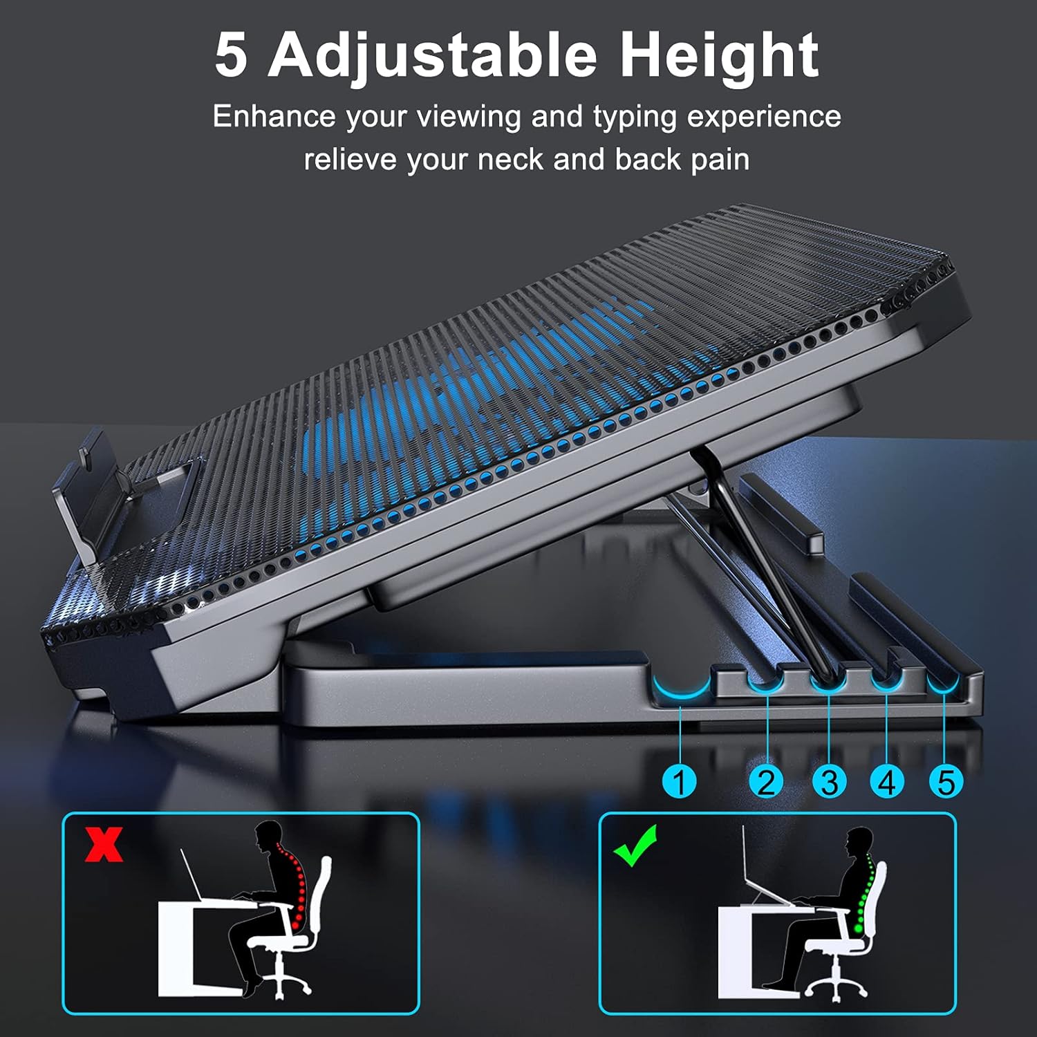 LIENS Laptop Cooling Pad with Adjustable Height Two 5.1 Inches Fan 2 USB Ports Suitable for 12"-15.6" Laptops(Black) - Image 3