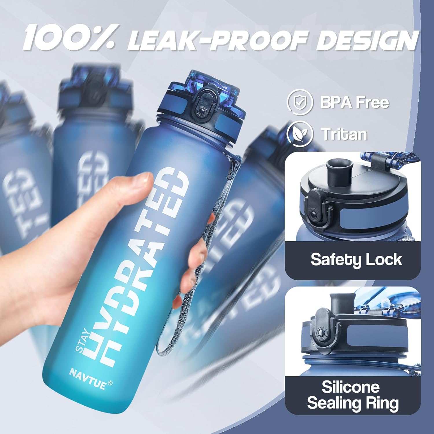 Water Bottle, 32oz Sports Water Bottles with Time Marker Wide Mouth, Motivational and Leakproof Drink Bottle, BPA Free Tritan with Carry Strap for Gym Fitness Outdoor (1 Bottle) - Image 3