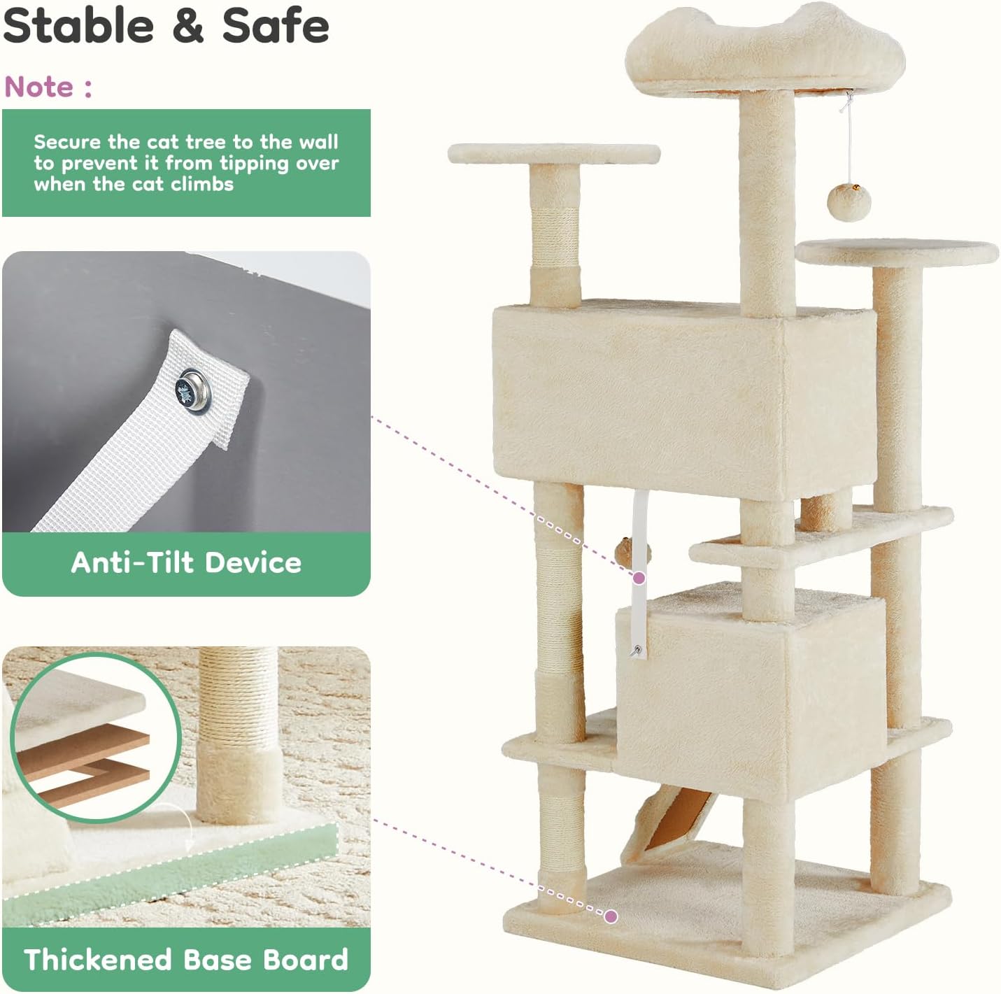 DUMOS 54-inch Indoor Cat Tree Tower –Multi-Level Pet House for Large Cats with 2 Condos, Scratching Posts, Round Platform, Small Ladder, and Toys, Beige - Image 6