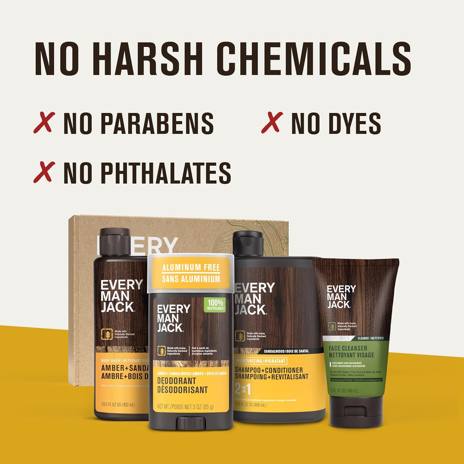 Every Man Jack Men's Bath and Body Gift Set - Amber + Sandalwood Scent - Clean Ingredients - Includes Hydrating Body Wash, 2-in-1 Shampoo, Aluminum-free Deodorant & Face Wash - Image 4
