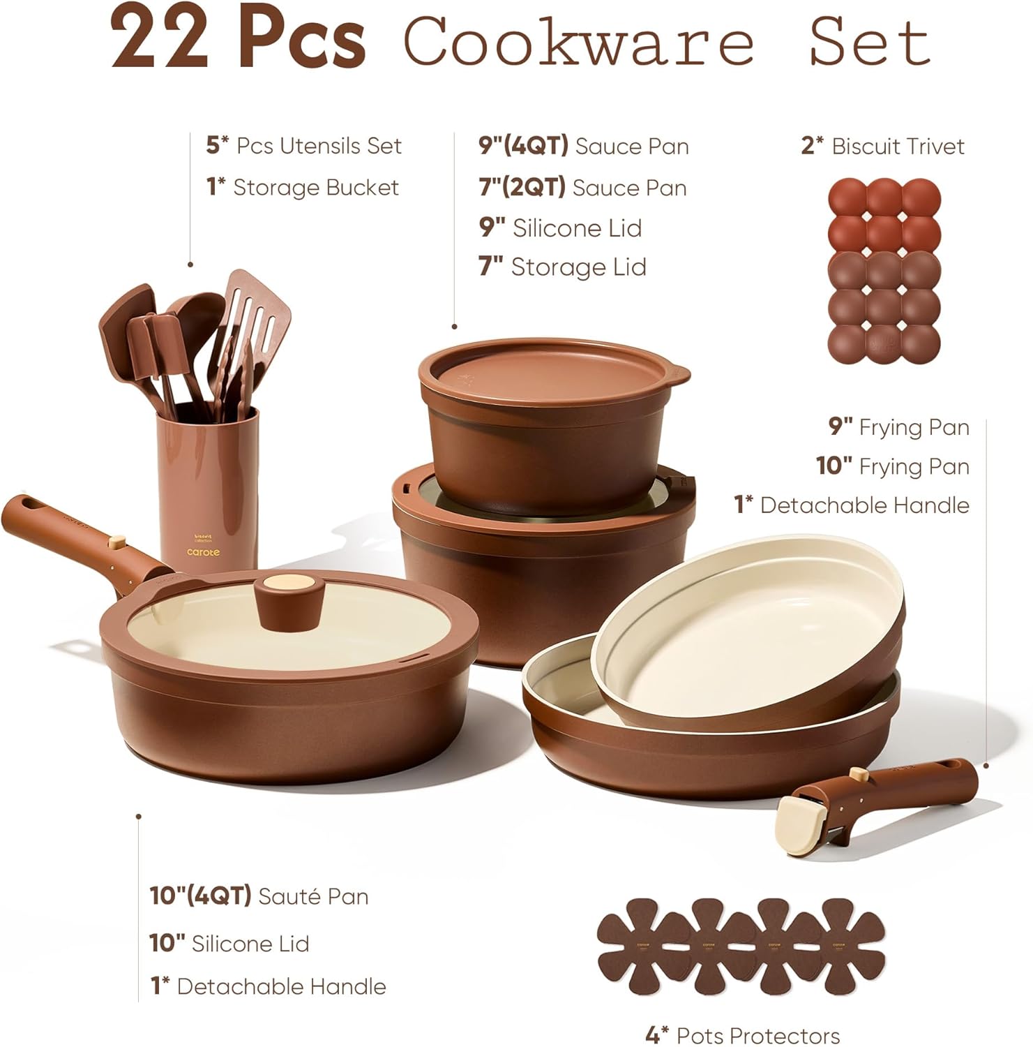 CAROTE 22Pcs Ceramic Cookware Set, Pots and Pans Set Non Stick Removable Handles, Non Toxic Cookware Oven/Dishwasher Safe, Induction Cookware, Gift Set, NonStick Cookware Set with Kitchen Essentials - Image 7