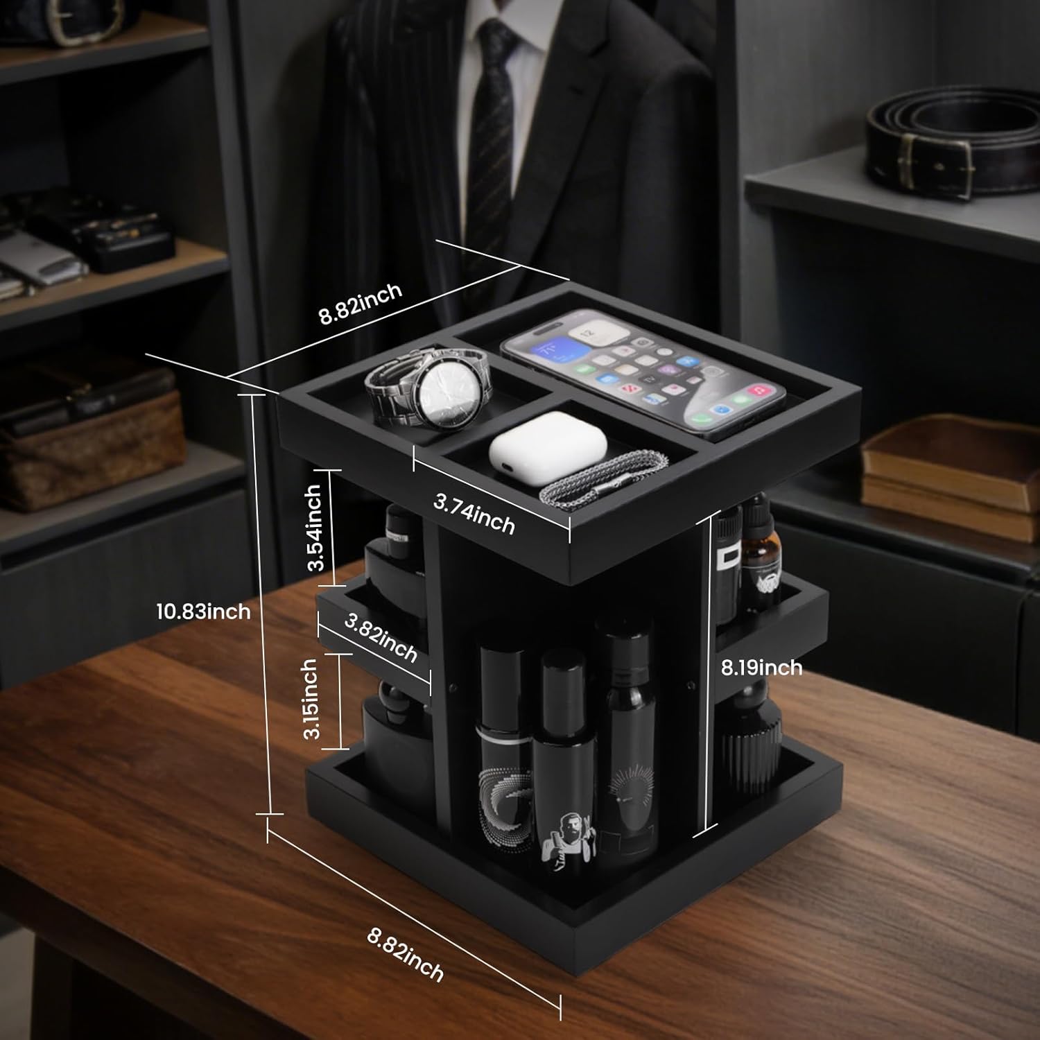 Fathers Day Gift for Men,Mens Organizer,Cologne Stand with Rotate,Mens Accessory Organizers or Valet Tray,Birthday Gift for Dad,Husband,Boyfriend,Anniversary Idea for Him,Watch,Perfume Holder - Image 2