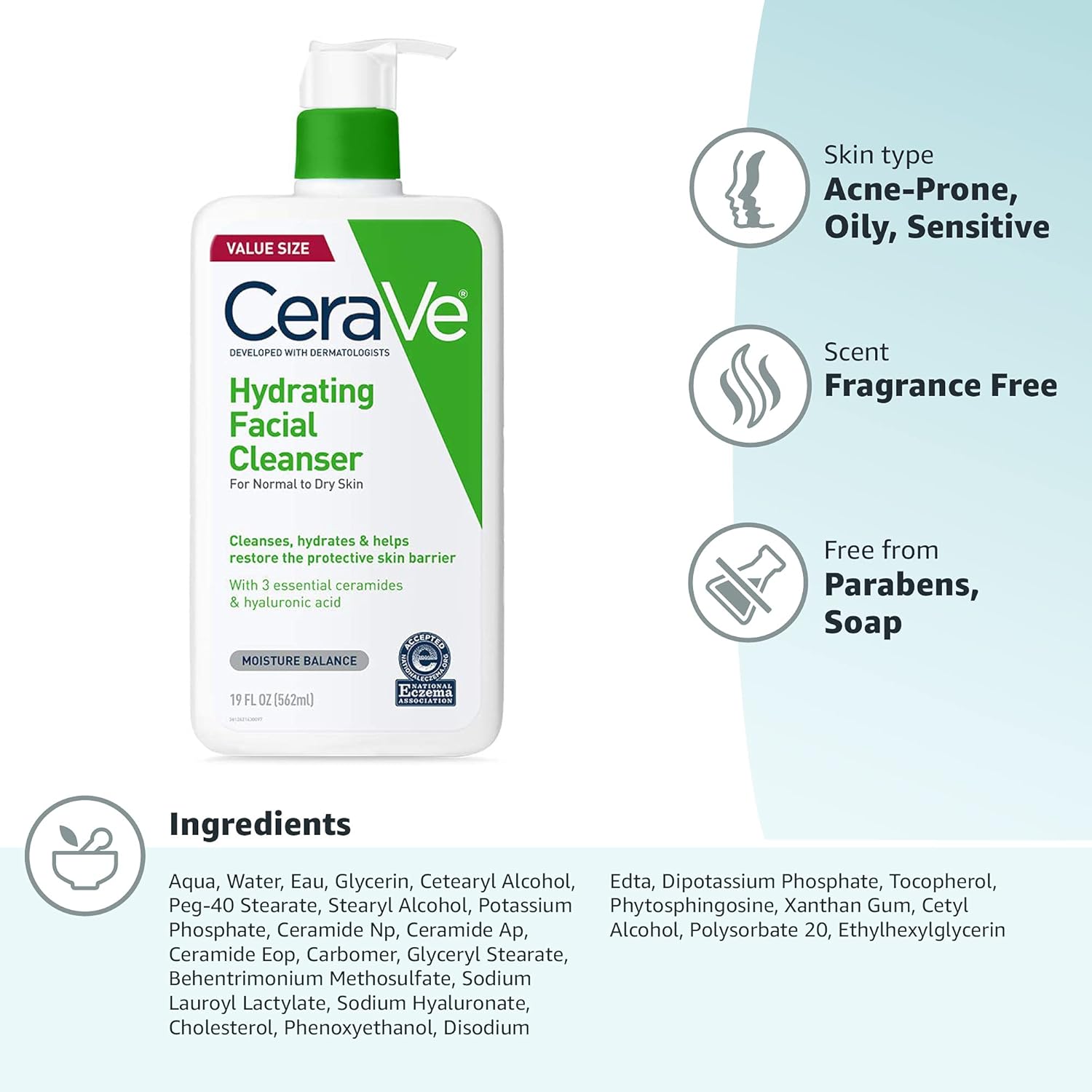 CeraVe Hydrating Facial Cleanser, Moisturizing Face Wash For Dry Skin, Hyaluronic Acid + Ceramides + Glycerin, Hydrating Cleanser For Normal To Dry Skin, National Eczema Association Certified - Image 10
