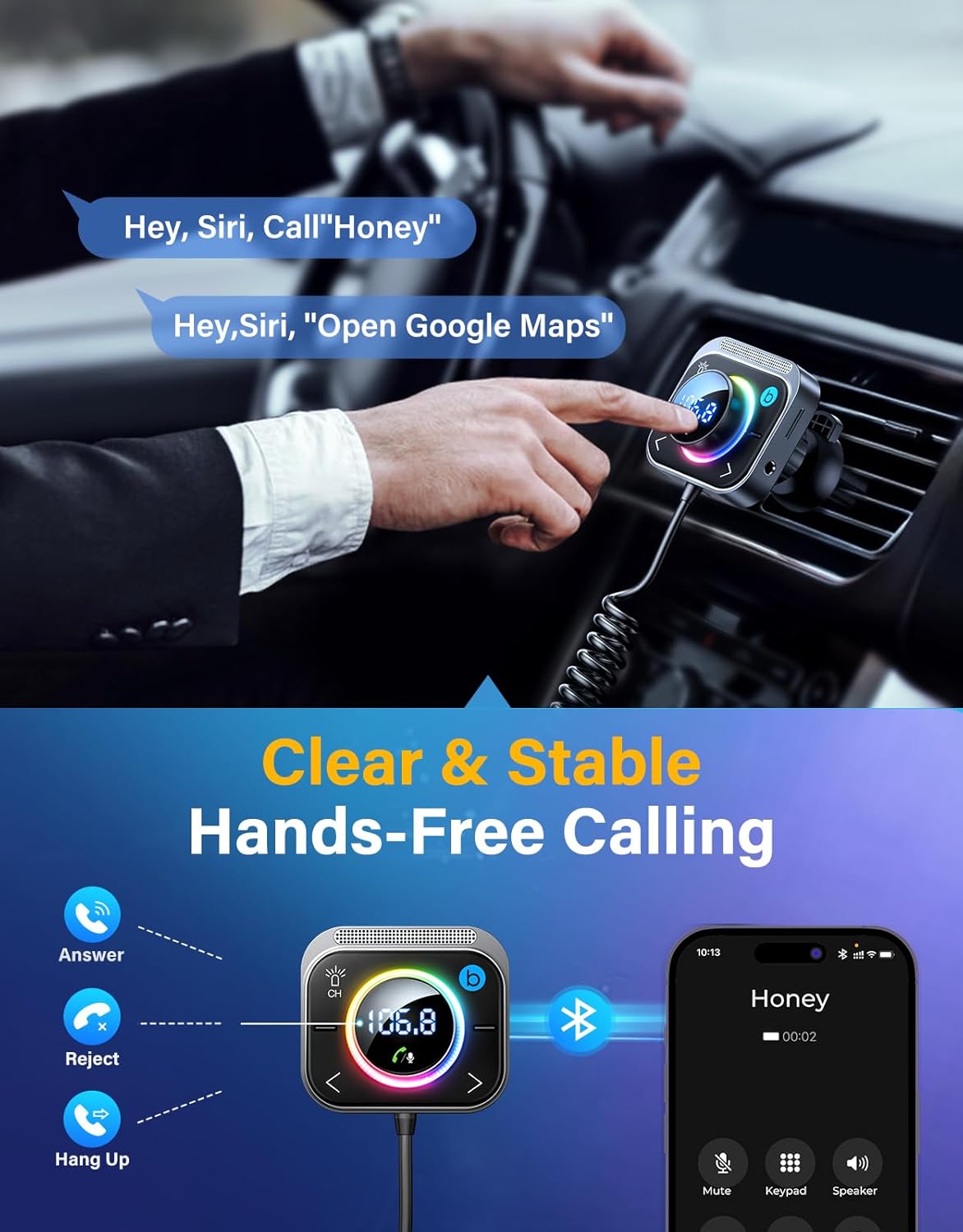 JOYROOM 96W FM Transmitter Bluetooth 6.0 Car Adapter Aux with 3 Charging Ports【PD 60W & 2 * 18W】【Air Vent Installation for Safe】 Deep HiFi Bass Player Wireless Radio Fun Car Accessories Gift Set - Image 3