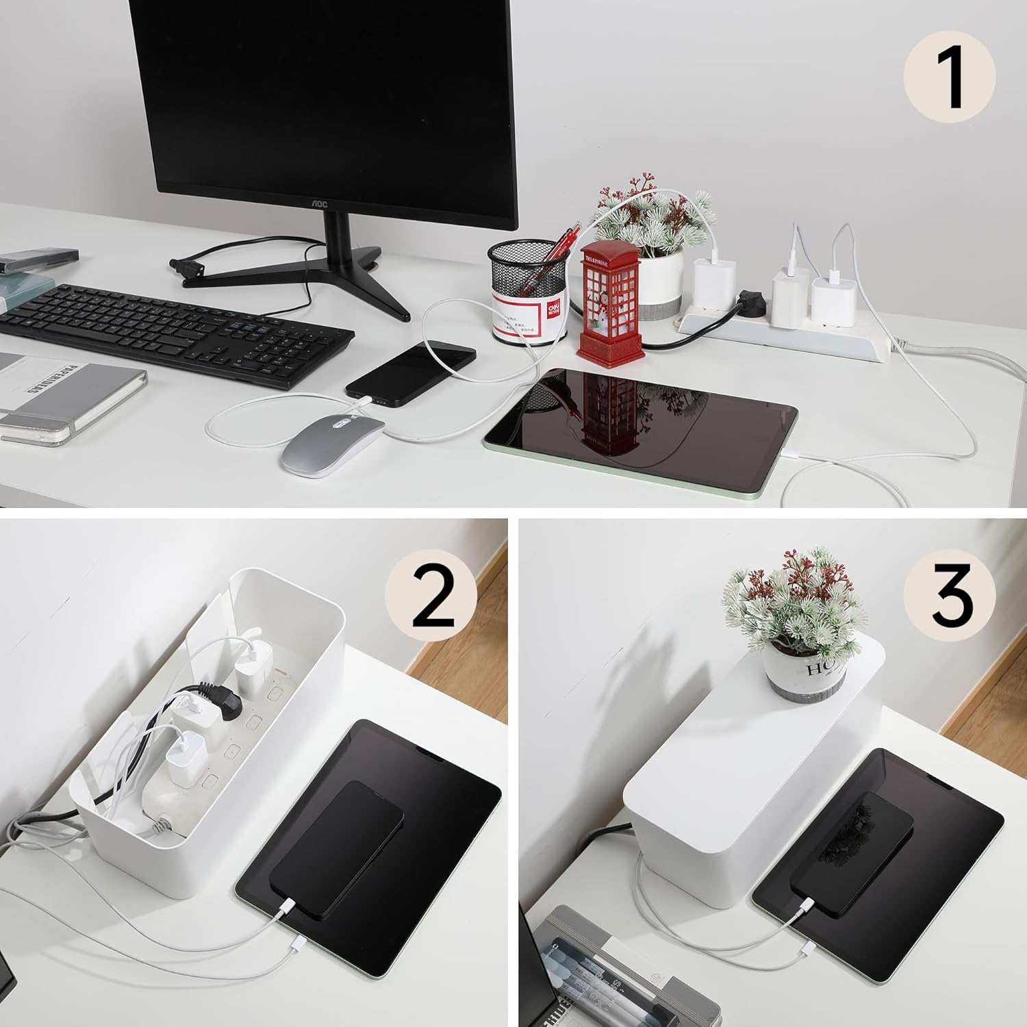 YECAYE 2 Pack Cable Management Box, Pet Friendly Cord Organizer Box for Home & Office, Child-Proof Cable and Power Strip Protector Box, Wire Hider and Cord Organizer for Desk, White - Image 3