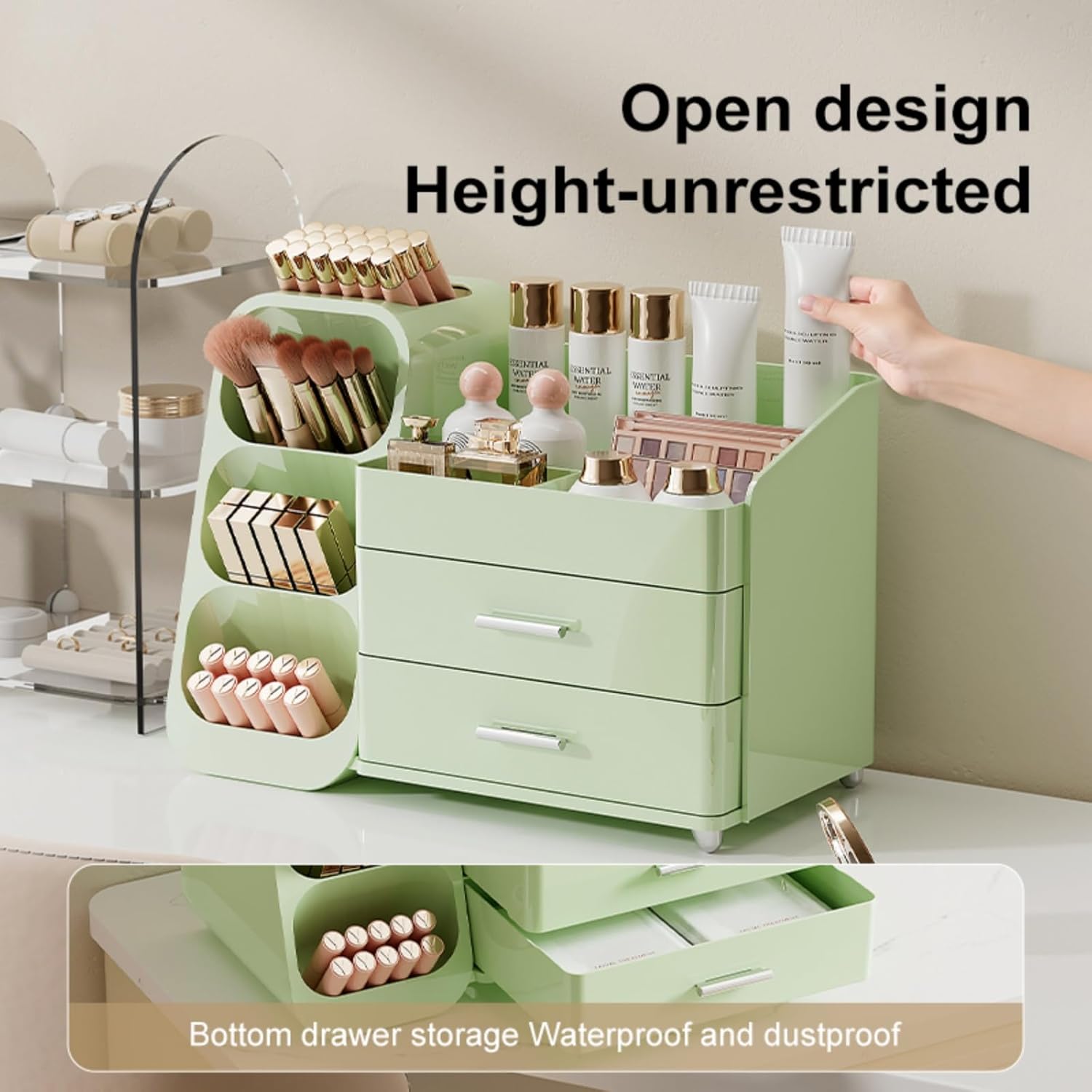 Booklov Makeup Organizer for Vanity, Large Capacity Cosmetic Display Case with Drawers, Countertop Beauty Storage Holder for Skincare, Brush Eyeliner Perfume Eyeshadow Lipsticks, Counter Desk, Green - Image 5