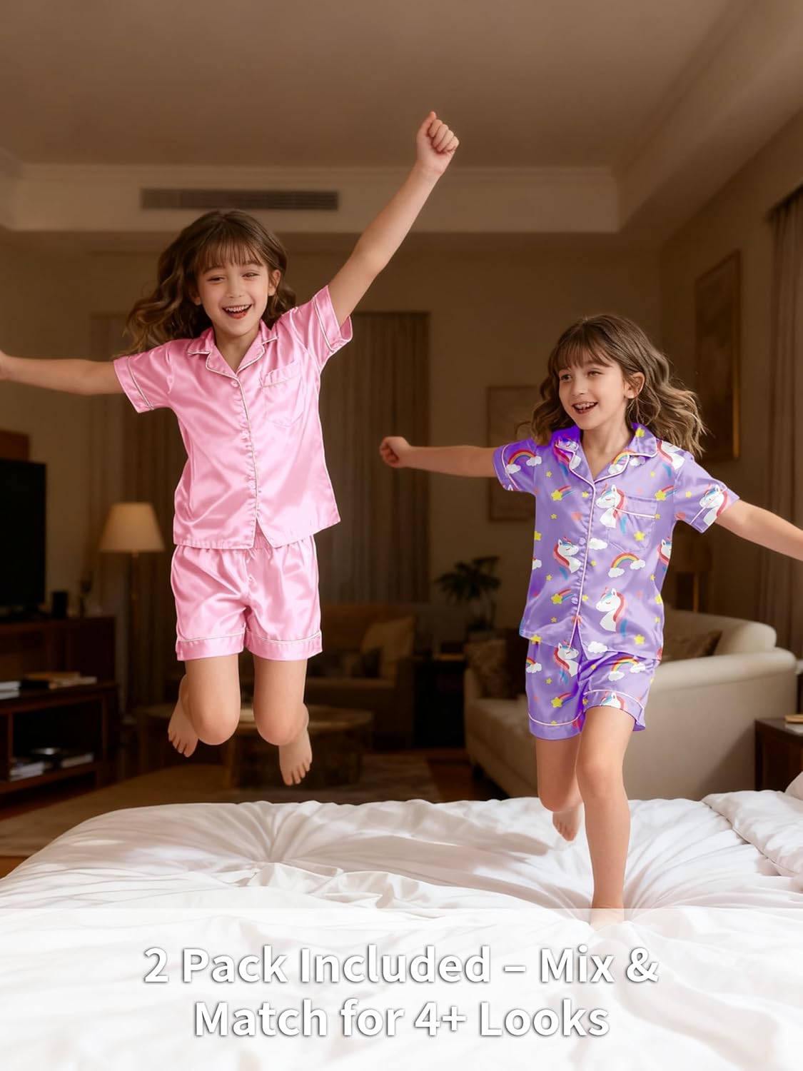 Girls Pajamas Silky Sets 2 Packs, Soft Satin Boys Kids Summer Pjs, Short Sleeve Button Down for Birthday Gift, 5Y-14Y - Image 7