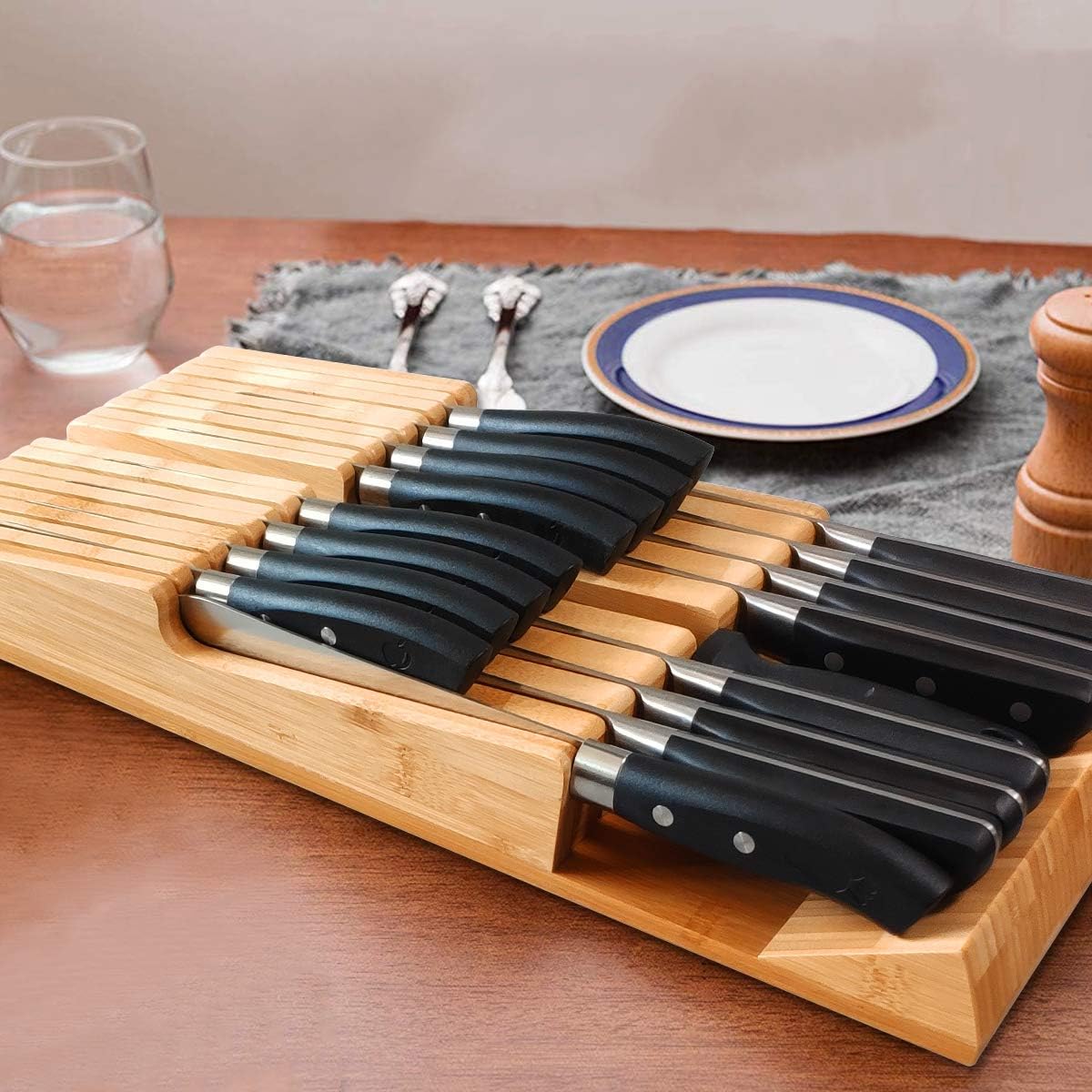 NIUXX Bamboo In-Drawer Knife Block Set for 16 Knives(Not Included), Large Kitchen Detachable Washable Cutlery Slot Organizer Storage Holder for Sharpening Steel and Cutter - Image 6
