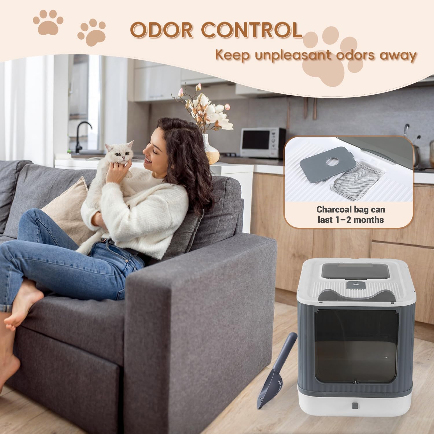 Foldable Cat Litter Box, Fully Enclosed Litter Box with Lid, Covered Kitty Kitten Litter Boxes Enclosure with Scoop, Odor Control, Easy to Clean, 3 Modes for Cat up to 12 lbs(White&Grey) - Image 6