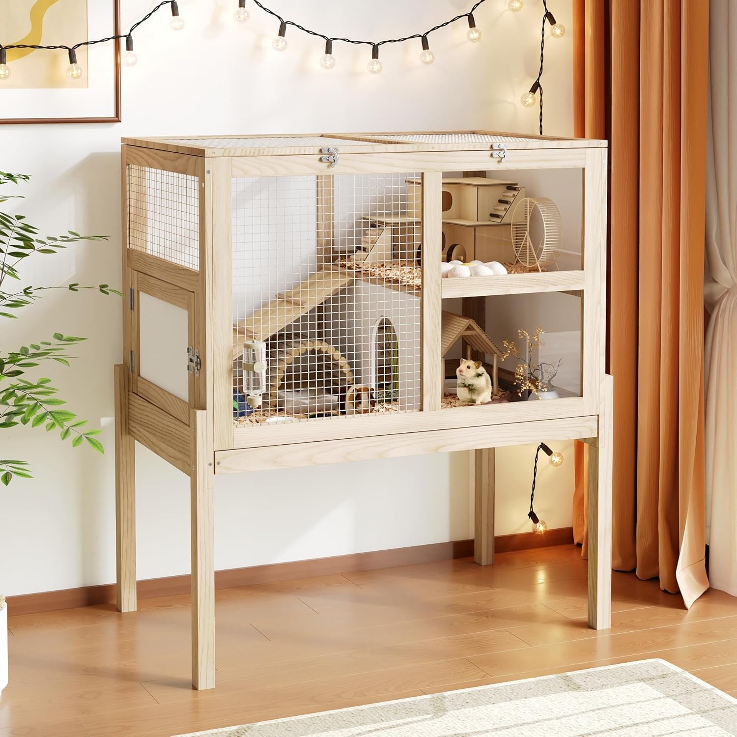 Guinea Pig Cages for 2, Small Animals Rabbit Cages with a Pull Out Tray, Large Wooden Indoor 2-Story Hamster House, Guinea Pig Hideout Habitat Playpen with Ramp, Platform, Natural