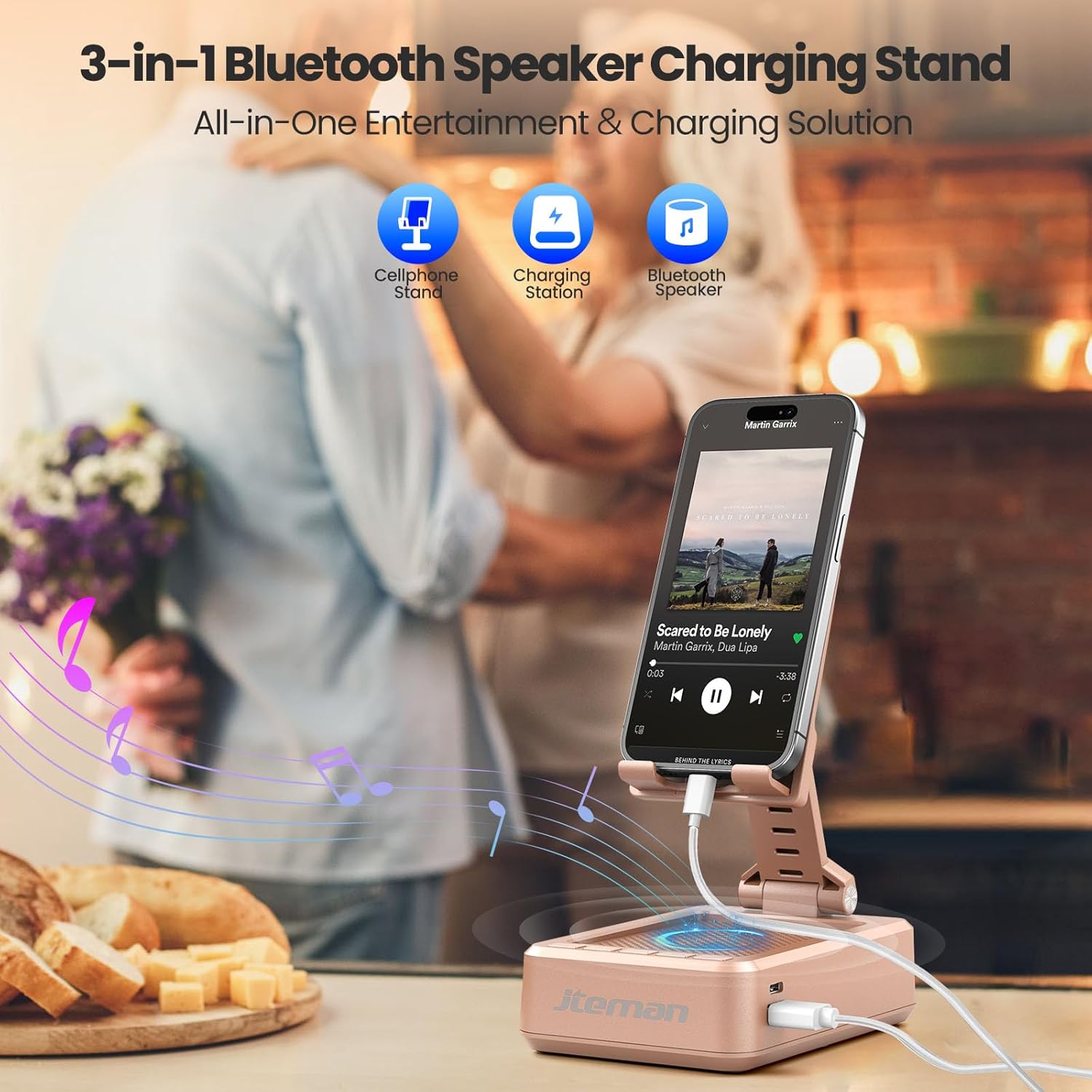JTEMAN Cell Phone Stand with Bluetooth Speaker,HD Sound Adjustable Phone Holder,Birthday Gifts for Men Women, Cool Tech Kitchen Gadgets for Most Phones and Tablets-Rose Gold - Image 2