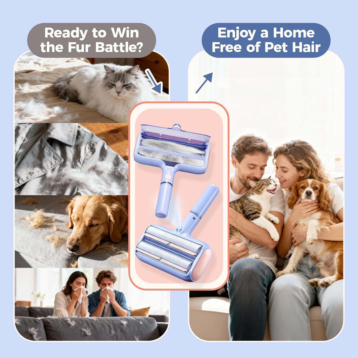 Pet Hair Remover, Pet Hair Removal Tool, Reusable Lint Roller with Double Roller,Cat and Dog Hair Remover for Furniture, Couch, Carpet, Car, Dual Trapping compartments with Spray Function - Image 6