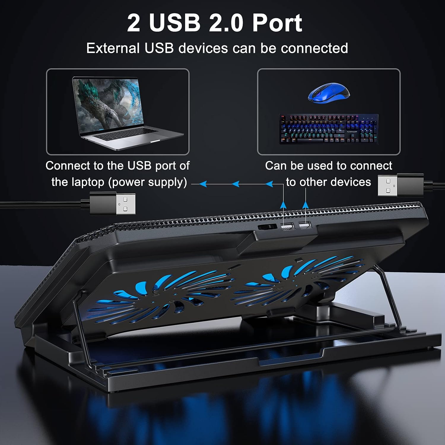 LIENS Laptop Cooling Pad with Adjustable Height Two 5.1 Inches Fan 2 USB Ports Suitable for 12"-15.6" Laptops(Black) - Image 4