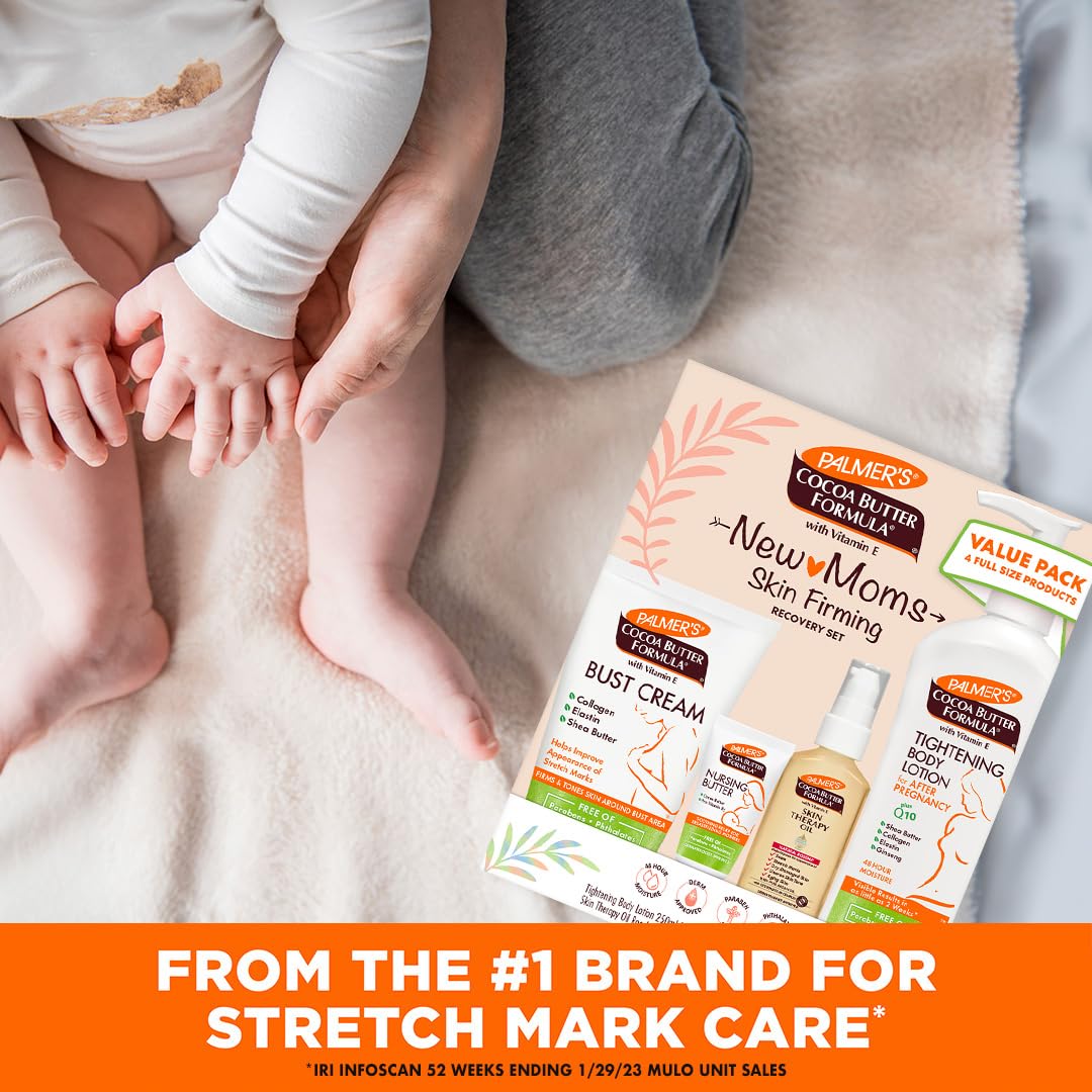 Palmer's Cocoa Butter Formula New Moms Skin Recovery Postpartum Essentials, Body Lotion (8.5 oz) + Nursing Butter (1.1 oz) + Bust Cream (4.4 oz) + Skin Therapy Oil (2 oz), Dermatologist Approved - Image 3
