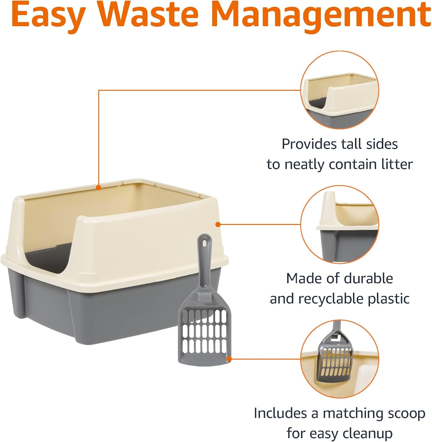 Amazon Basics Large Cat Litter Box with High Sides, Open Top for Easy Access, Includes Scoop with Storage, 19" x 15" x 11.75", Grey/Beige - Image 2