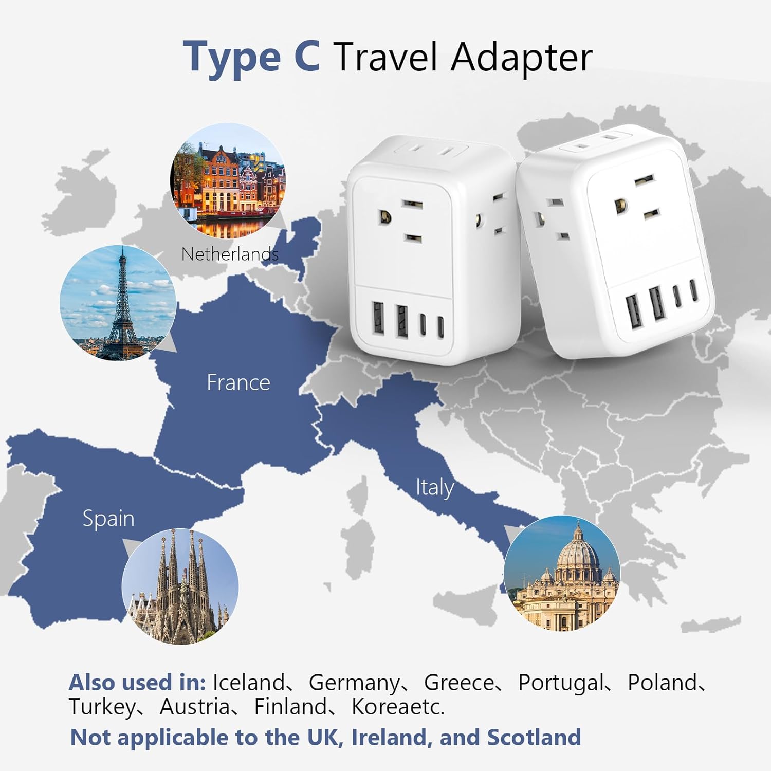 2 Pack European Travel Plug Adapter, FLASHSONIC US to Europe Adapter with 4 AC Outlets 4 USB Charging Ports (2 USB C), Foldable International Power Plug Adapter Travel Essentials to Italy Spain France - Image 5