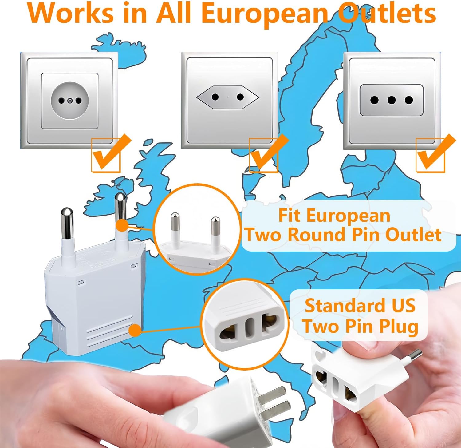 US to Europe Plug Adapter - European Travel Plug Adapter,Type C Wall Plug Power Converter for Europe,White,8 Pack - Image 3