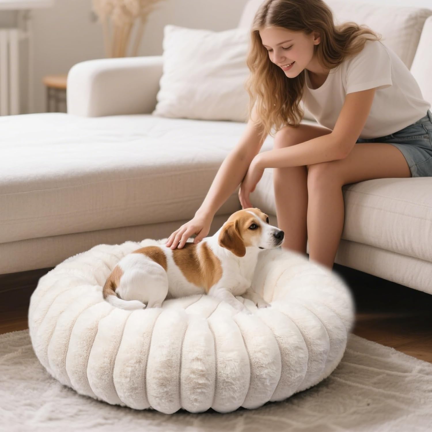 Donut Dog and Cat Bed, Luxurious Comfortable Faux Rabbit Fur Pet Beds, Soft Anti-Anxiety Calming Puppy Kitten Bed with Anti-Slip Bottom for Small Dogs & Cats(20", White) - Image 9