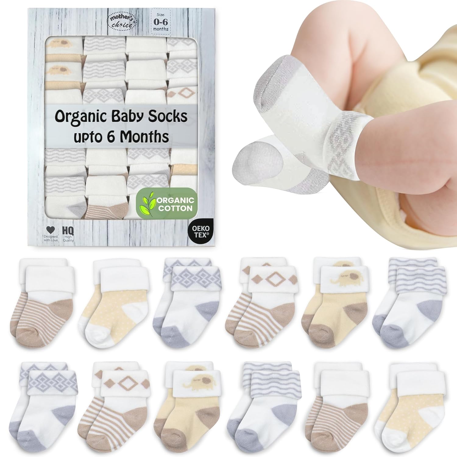 Mother's Choice Organic Cotton Baby Socks Infant 0-6 Months - 12 pairs Soft, Cozy, and Gentle Newborn Socks for Girls & Boys, Perfect Baby Registry for Everyday Wear, and Infant Comfort