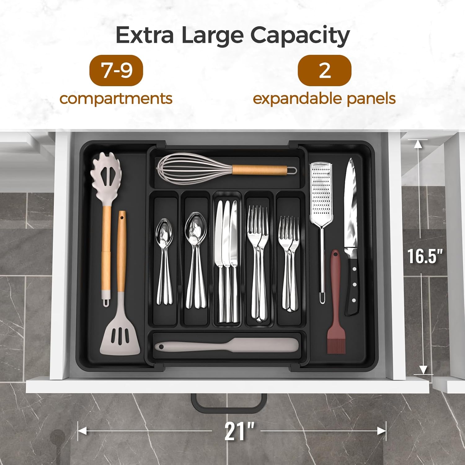 ukeetap Extra Large Expandable Silverware Organizer, BPA-Free Food-Safe Cutlery Flatware Organizer, Kitchen Utensil Drawer Organizer, Adjustable Silverware Holder for Spoons Forks Knives, Black - Image 2