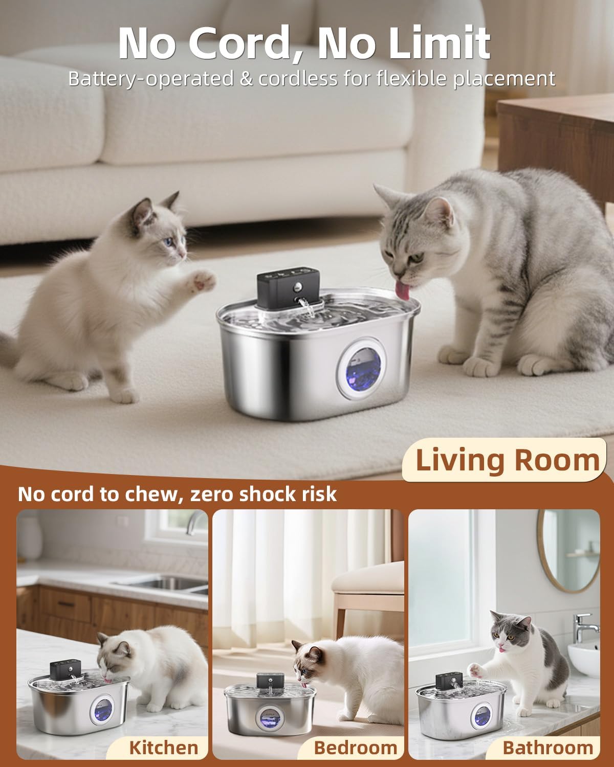 Cat Water Fountain Wireless - Stainless Steel 3.2L/108oz Cordless Pet Fountain - Battery Operated Automatic Water Dispenser for Cats Indoor, with Motion Sensor & Quiet Pump - Image 2