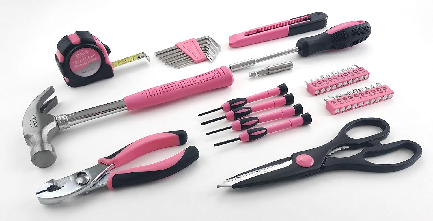 Apollo Tools Original 39 Piece General Household Tool Set in Toolbox Storage Case with Essential Hand Tools for Everyday Home Repairs, DIY and Crafts - Pink Ribbon - Pink - DT9706P - Image 3