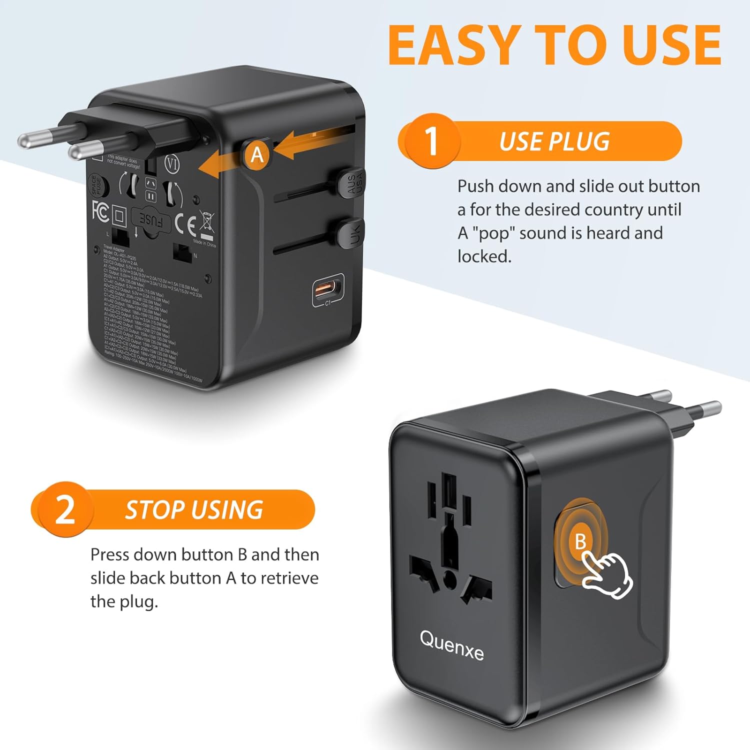 Universal Travel Adapter, International Power Adapter with 35W PD & QC Fast Charging, Travel Plug Adaptor Worldwide with 3 USB-C & 2 USB-A for USA to Europe UK France Germany Australia(Type C/G/A/I) - Image 6
