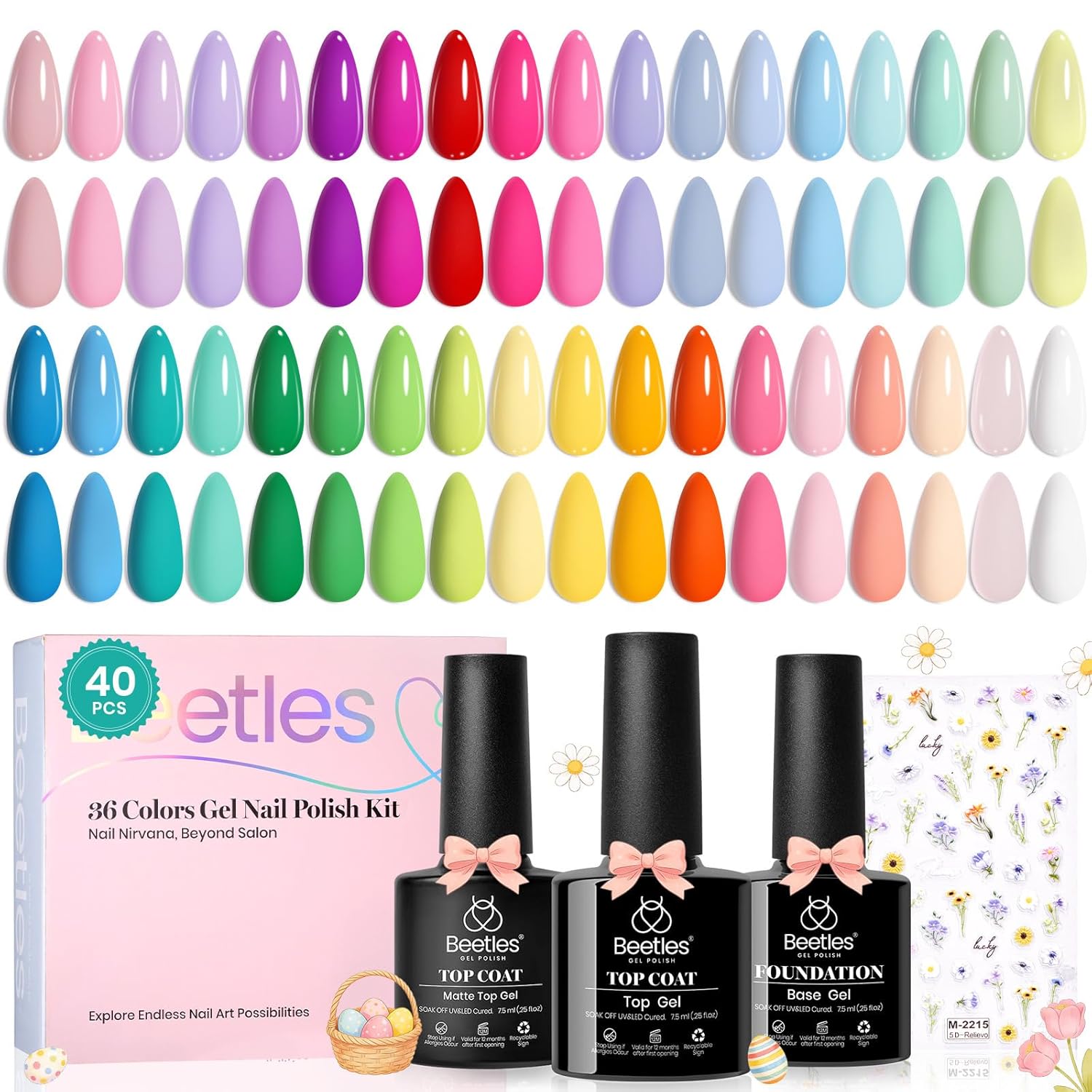 beetles Pastel Gel Polish Set - Petal Symphony Collection, 40 Pcs 36 Colors Easter Gel Polish Set Spring Colors Pink Red Green Blue Color Gel with Base&Glossy Matte Top Coat UV LED Nail Art