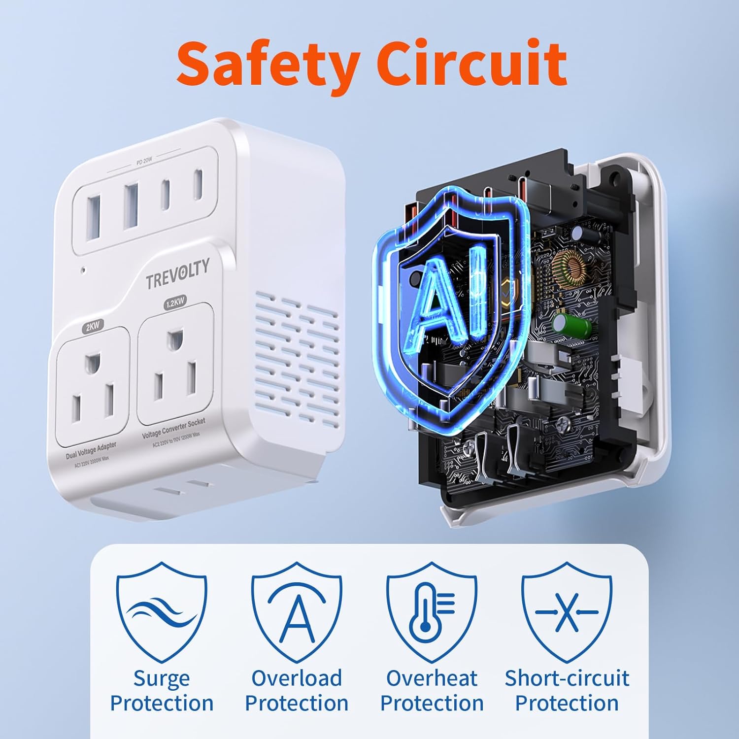 2000W Voltage Converter US to Europe for Hair Dryers, 7-in-1 220V to 110V Converter for European Travel with 3 AC/2 USBA/2 USBC Ports (PD20W), Universal Travel Adapter - Image 6